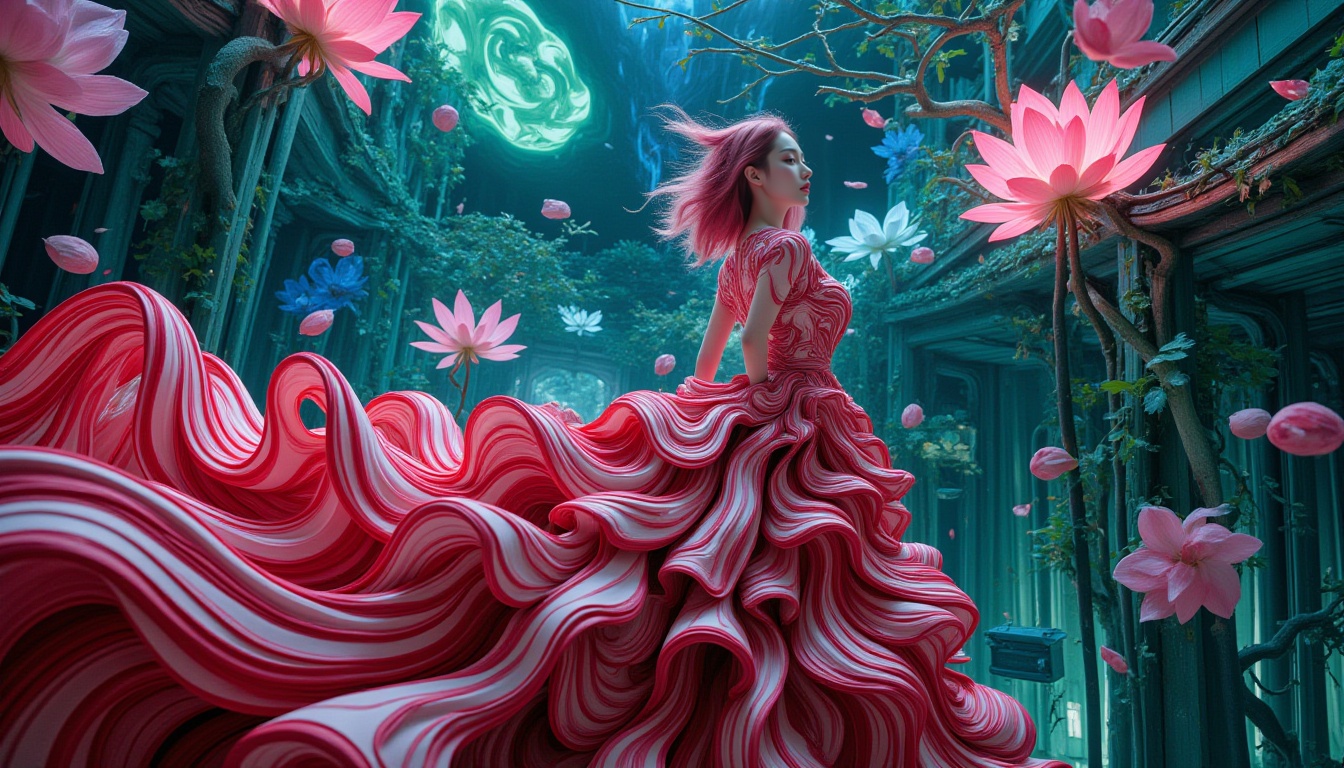 <lora:FL-bailing-24-0913ethereal flow10p:0.6>,bailing_ethereal_flow,ethereal harmony,the marbled dress blends in with the background,In a steampunk realm,a burst of vibrant crimson cascades,entwining around the limbs in a viscous allure. A young woman emerges from the shadows,depicted in a neo-expressionist masterpiece bathed in the embrace of raspberry syrup. The image features hyper-detailed 8K resolution with Octane rendering,showcasing exquisite depth of field and an ultra-wide perspective. The dynamic lighting creates amazing shadows with dramatic effects. The young woman has pink hair,and the background reveals glowing,color-changing lotus flowers in the night sky. Their petals flutter like fireflies within a green,blue,and purple flow of light. Above a towering complex of colorful buildings lies a vast tiered garden,connected by a beautiful arch bridge. Strange plants and animals thrive among the clouds,with branches,bamboo leaves,and brambles adding to the fantastical scene. Petals drift through the air,creating an enchanting and mysterious atmosphere.,