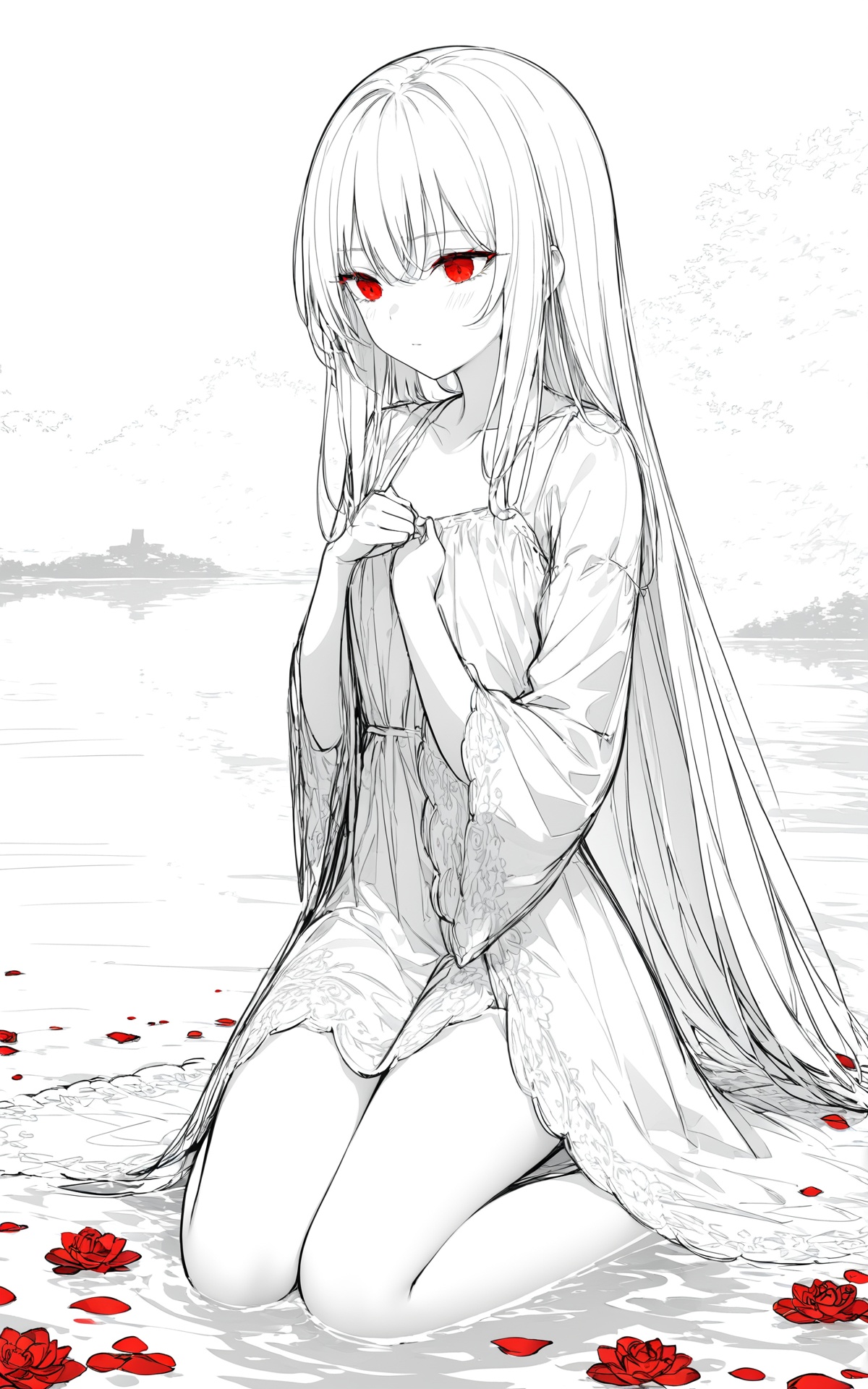 (masterpiece),(best quality),illustration,ultra detailed,hdr,Depth of field,(colorful),1girl,red eyes,white long translucent night gown,expressionless,(white hair),hair cover one eye,long hair,red hair flower,kneeling on lake,blood,(plenty of red petals:1.35),(white background:1.5),(English text),greyscale,monochrome,greyscale,monochrome,sketch,