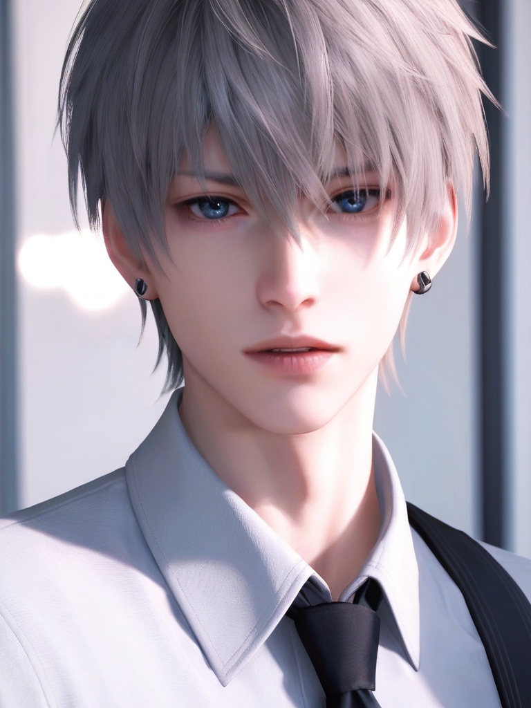 score_9,score_8_up,score_7_up,highres,best quality,amazing quality,best aesthetic,absurdres,<lora:3.9沈星回:0.6>,<lora:add-detail-xl:1>,solo,jewelry,earrings,necktie,looking at viewer,shirt,blue eyes,male focus,collared shirt,grey shirt,1boy,parted lips,black necktie,hair between eyes,portrait,short hair,bangs,teeth,grey hair,, score_9,score_8_up,score_7_up,source_anime,