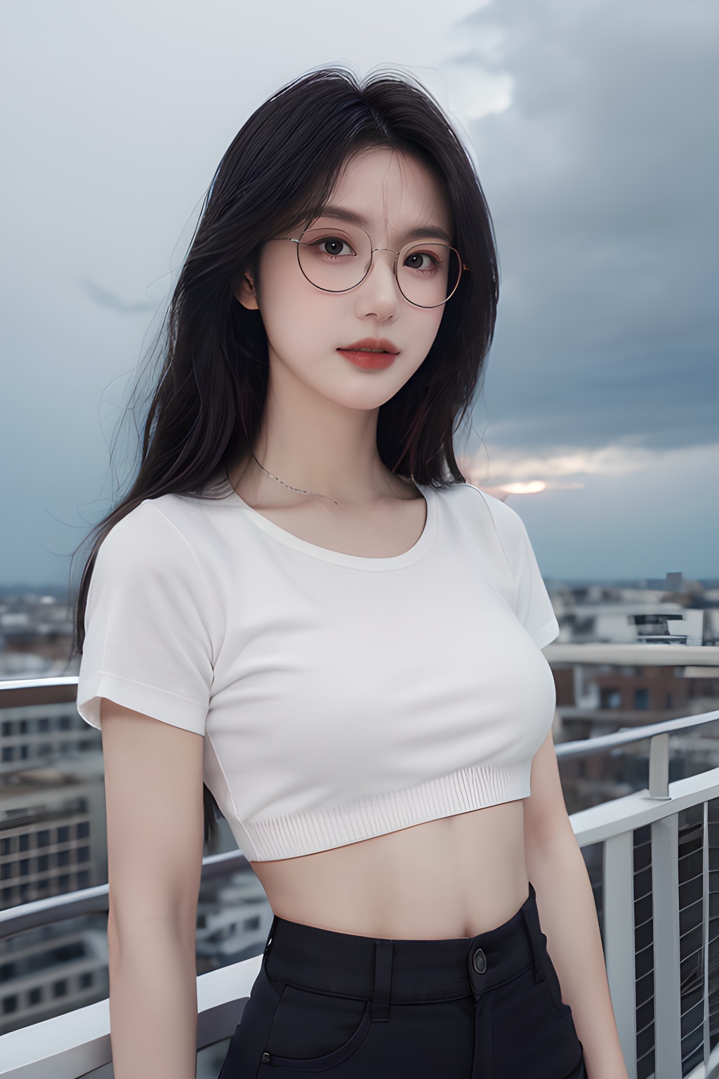 1girl,(simple background:1.2), <lora:0804_08:0.7>,<lora:SDXLrender_v2.0:0.6>, (medium breasts:0.8), Frontal photography,Look front,evening,dark clouds,the setting sun,On the city rooftop,A 20 year old female,Black top,Black Leggings,black hair,long hair, dark theme, muted tones, pastel colors, high contrast, (natural skin texture, A dim light, high clarity) ((sky background))((Facial highlights)),