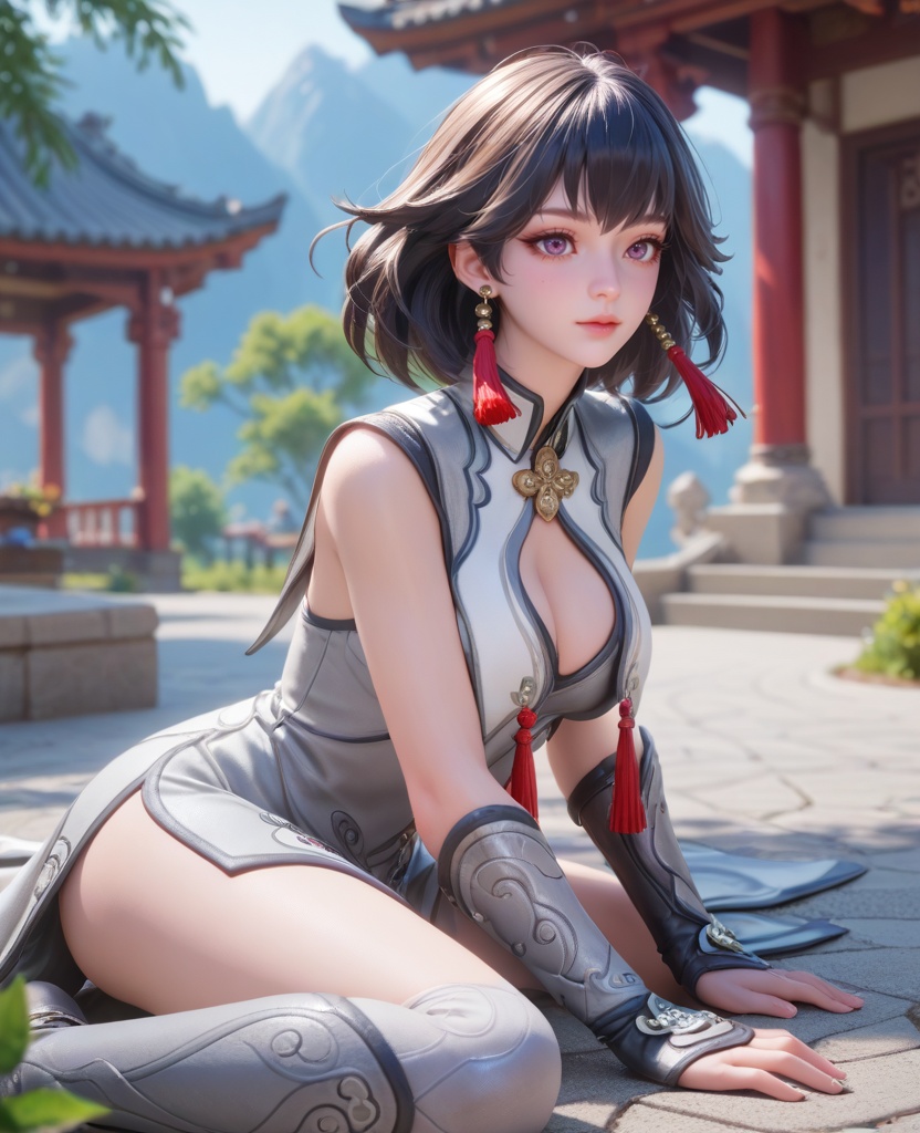 (oriental architecture, elegant decor, sophisticated style:1.1),(hands on the ground:1.1),(large breasts:1.2),<lora:XL16王者荣耀元流之女流:0.95>,miss yuanliuzhinv,white paired with gray dress,shrug \(clothing\),purple eyes,black hair,short hair,tassel earrings,gauntlets,high heel boots,, score_9,score_8_up,score_7_up,score_6_up,score_5_up,score_4_up,3d rendering,tag1,tag2, Cinematic Lighting,backlighting,, zPDXL3, zPDXL2,zPDXL, zPDXLxxx, zPDXLrl,