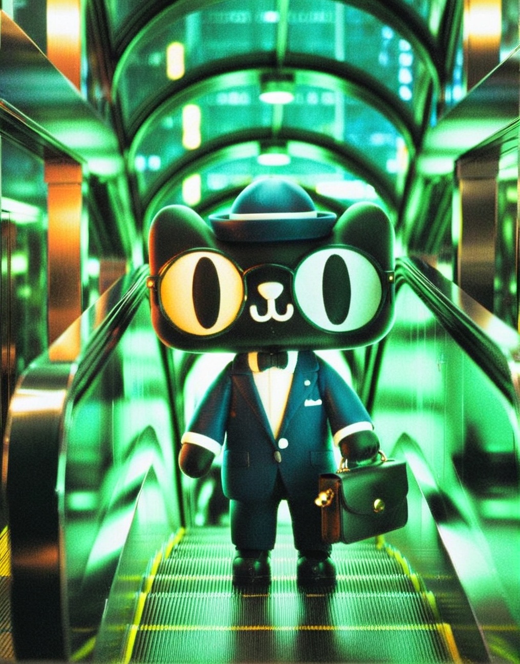 masterpiece, best quality,Tmall，Tmall ip,Rich details, C4D modeling, octane render,Standing on the escalator, wearing black round glasses, wearing a black suit and trousers, holding a black leather bag, a black hat, black shoes, a glass roof, <lora:Tmall SDXL-000006:0.8>, masterpiece, best quality,