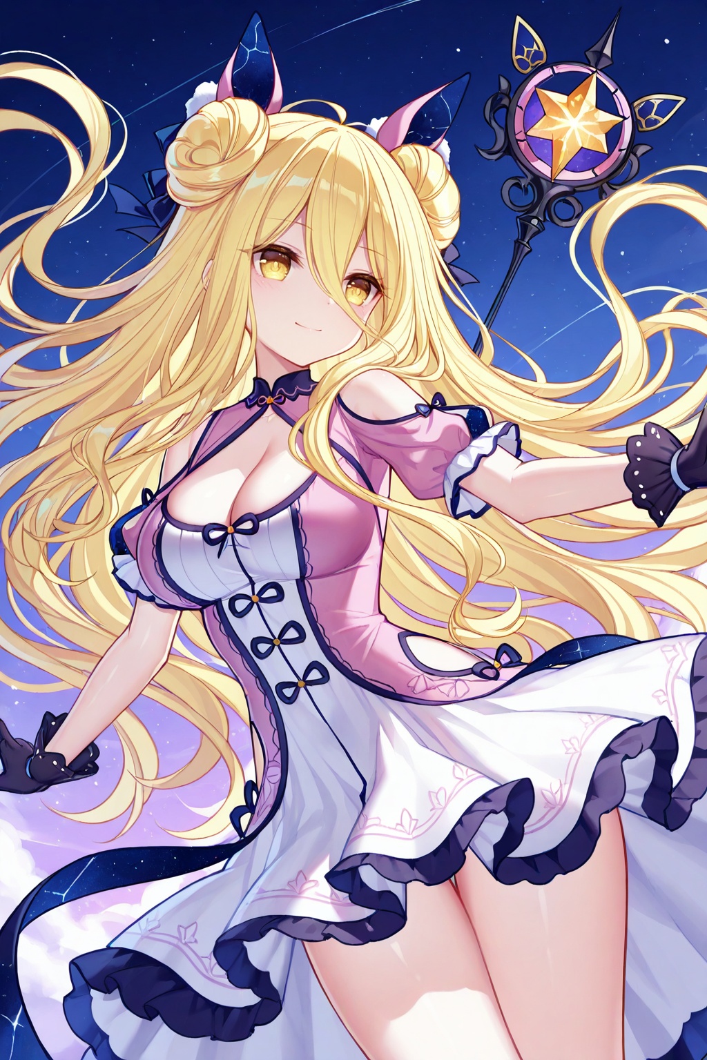masterpiece, best quality, newest, absurdres, highres,(quan \(kurisu tina\):0.6, ),(chen bin:0.5),(rimuu:0.5),(mignon:0.5),(sheya:0.5),  mukuro(equip), 1girl, blonde hair, long hair, yellow eyes, messy hair, dress, double bun, gloves, clothing cutout,smilestar,floating, sky,outstretched arm, windows logo, <lora:mukuroXLNAI-000010:1>