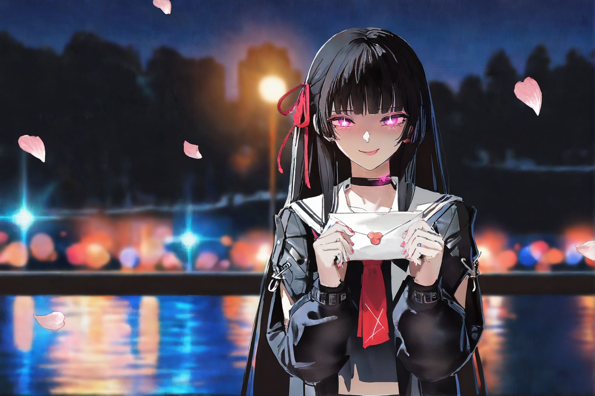 nonchalant,masterpiece,best quality,amazing,<lora:add-detail-xl:1.4>,<lora:nonchalant:1>,confessing love,presenting love letter,holding letter with both hands,shy expression,nervous smile,slight smile,looking at viewer (or looking down shyly),standing,waiting for response,love letter,envelope,letter,presentation,night,romantic riverside promenade,sparkling city lights across the river,shimmering water reflection,beautiful atmosphere,confession,glowing sakura at night,falling cherry petals,illuminated petals,cinematic warm lighting,dreamy bokeh background,masterpiece,highly detailed,<lora:Chisa-will-Tanger-000014:0.8>,Chisa \(Wuthering Waves\),clothes: Chisadef Dark Academia school uniform,Chisadef Oversized Jacket,Chisadef Pleated mini Skirt,1girl,long hair,black hair,serafuku,loafers,choker,Medium close-up,(upper body),character center,solo,centered composition,