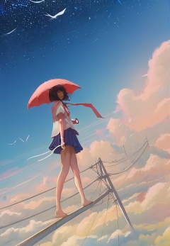 (best quality), ((masterpiece)), (highres), illustration, original, extremely detailed, <lora:少女梦绘卷:0.7>1girl, sky, solo, umbrella, skirt, outdoors, barefoot, cloud, star \(sky\), bird, school uniform, red umbrella, holding, starry sky, power lines, blue skirt, holding umbrella, pleated skirt, short hair, serafuku, white shirt, blue sky, shirt, scenery, standing, scarf, black hair, from behind, short sleeves