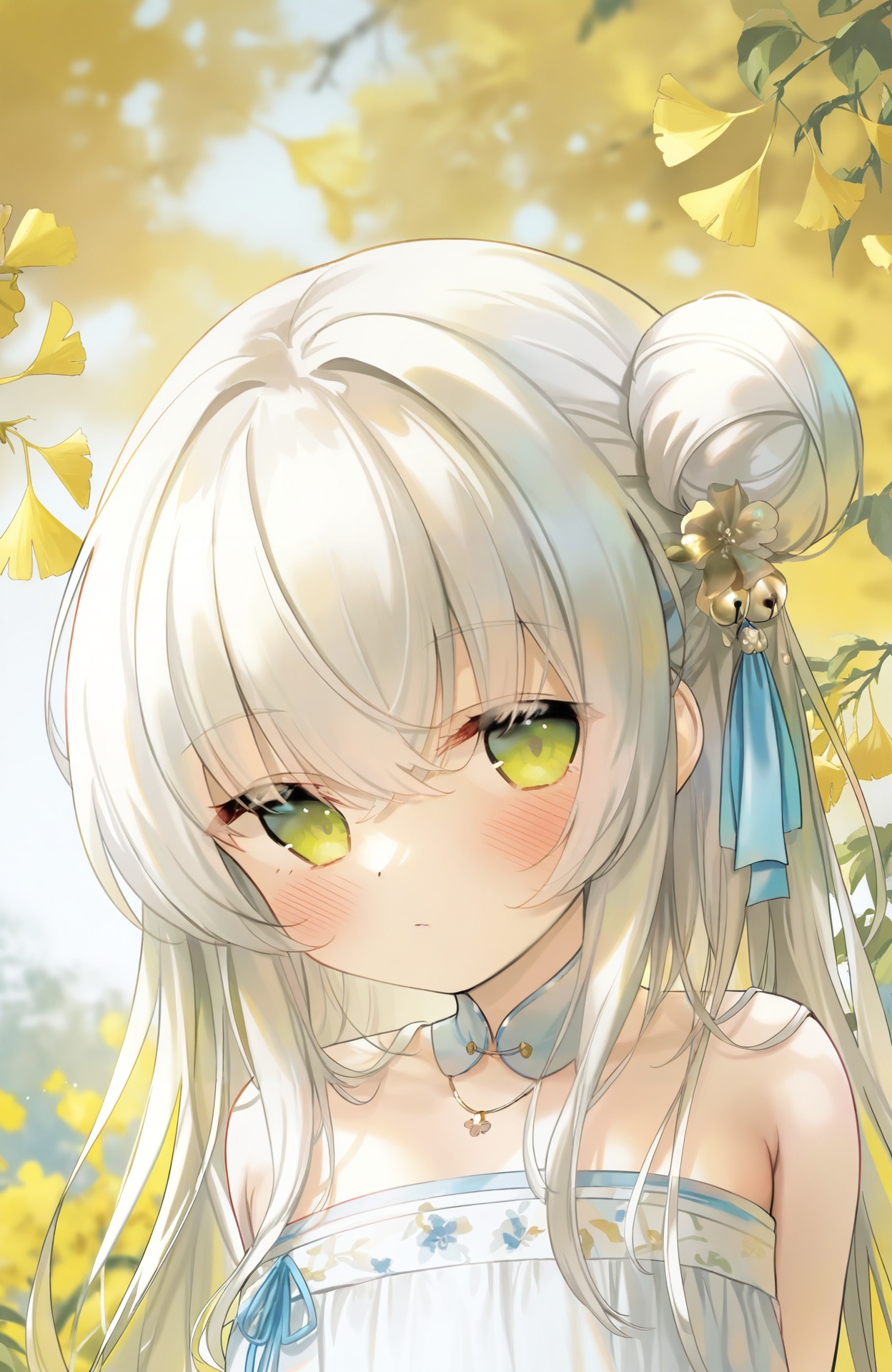 masterpiece,absurdres,best quality,petite,high quality,chromatic_aberration,//,hanfu,1girl,solo,hair_ornament,flower,hair_flower,white_hair,long_hair,green_eyes,hair_bun,looking_at_viewer,leaf,yellow_flower,blurry_background,blurry,ribbon,hair_ribbon,hair_between_eyes,portrait,closed_mouth,yellow_eyes,bell,ginkgo_leaf,blush,single_hair_bun,hair_bell,depth_of_field,upper_body,crossed_bangs,necklace,jewelry,bare_shoulders,blue_ribbon,single_side_bun,looking_to_the_side,white_dress,falling_leaves,<lora:鬼针草2——【CKXL】hans:0.9>,