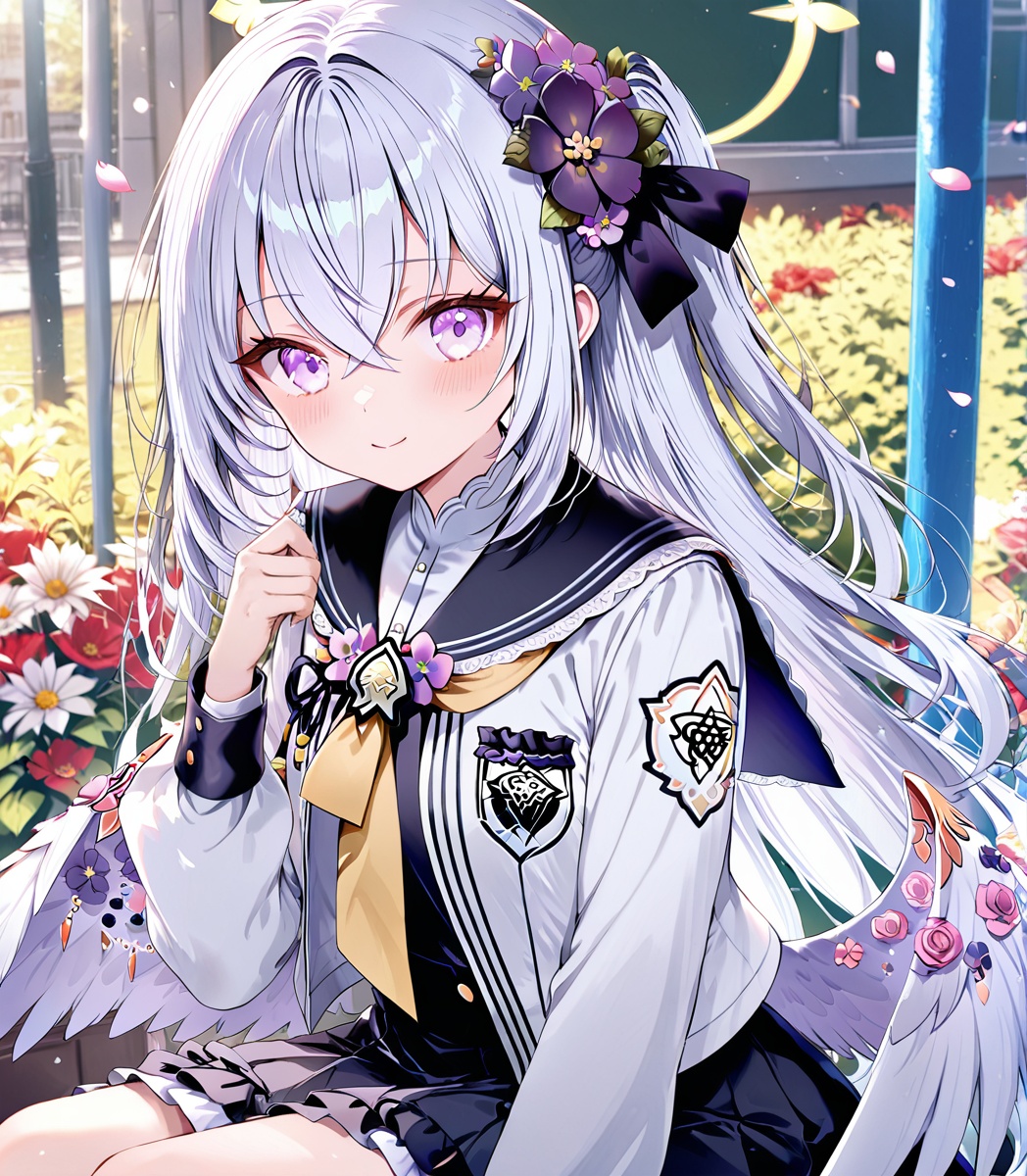azusa (blue archive),Noyu,Torino,jw,0,1girl, azusa (blue archive), halo, wings, purple eyes, solo, flower, long hair, looking at viewer, hair between eyes, school uniform, white hair, bangs, smile, blush, long sleeves, petals, dress, hair flower,(UHD),anatomically correct,ccurate,textured skin,super detail,high details,award winning,best quality,high quality,retina,16k,HD,1080P,8k,