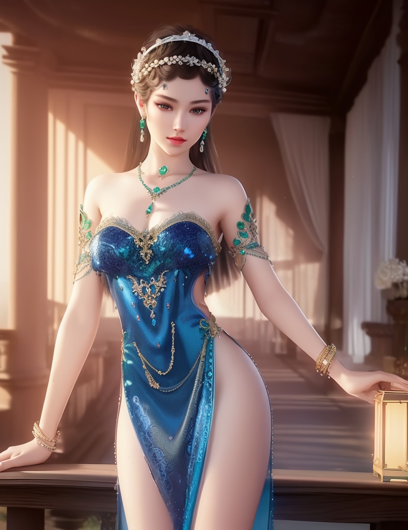 ultra realistic 8k cg, picture-perfect face, flawless, clean, masterpiece, professional artwork, famous artwork, cinematic lighting, cinematic bloom, perfect face, beautiful face, fantasy, dreamlike, unreal, science fiction,  beautiful clothes, lace, lace trim, lace-trimmed legwear,  (rich:1.4), prestige, luxury, jewelry, diamond, gold, pearl, gem, sapphire, ruby, emerald, intricate detail, delicate pattern, charming, alluring, seductive, erotic, enchanting, hair ornament, necklace, earrings, bracelet, armlet,halo((,1girl, pov,))(((,  1girl,  solo,looking at viewer, ))),(((1girl, solo, dress, jewelry)))<lora:DA_WhiteSnakeGreenSnake:0.8>