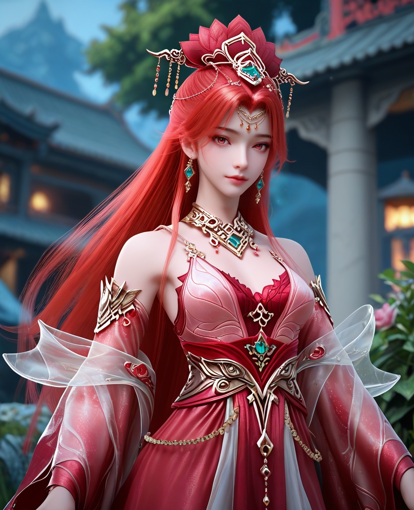 (oriental architecture, elegant decor, sophisticated style:1.1),dancing in halloween party,(breasts:1.2),<lora:XL16完美世界戚琳:0.95>,miss qilin,red dress,red eyes,red hair,very long hair,hair ornament,traditional chinese updo with long front strands,earrings,jewelry,red bra,bare shoulders,choker,sash,, zPDXL2, score_9, score_8_up, score_7_up BREAK realistic, masterpiece,best quality, highly detailed,, zPDXL3, zPDXL2,zPDXL, zPDXLxxx, zPDXLrl,