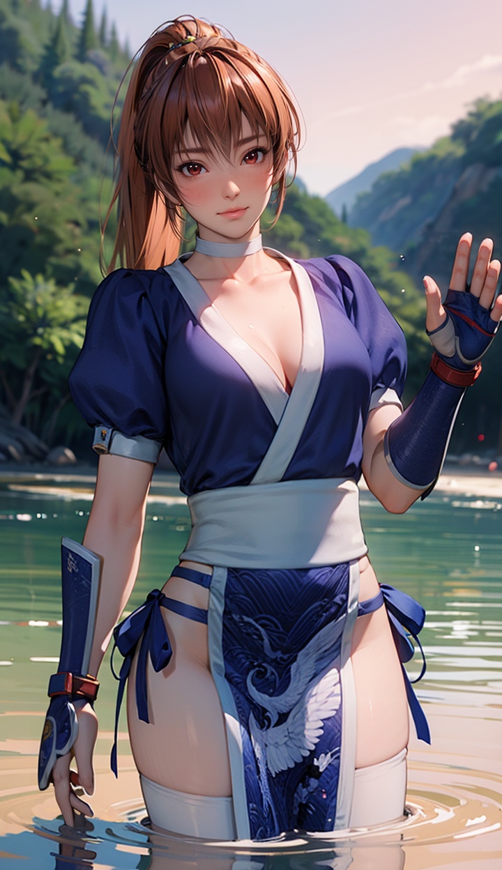 kasumi,1girl,solo,medium breasts,closed mouth,Best quality,masterpiece,ultra high res,high quality,8k,wallpaper,fine lineart,highly detailed,absurdres,(perfect fingers:1.1),(perfect hands:1.1),<lora:kasumisuit4r-000005:0.8>,pelvic curtain,arm guards,shin guards,<lora:add_detail:0.3>,(water:1.1),(wading:1.1),looking at viewer,(blush:1.2),upper body,(waving:1.1),