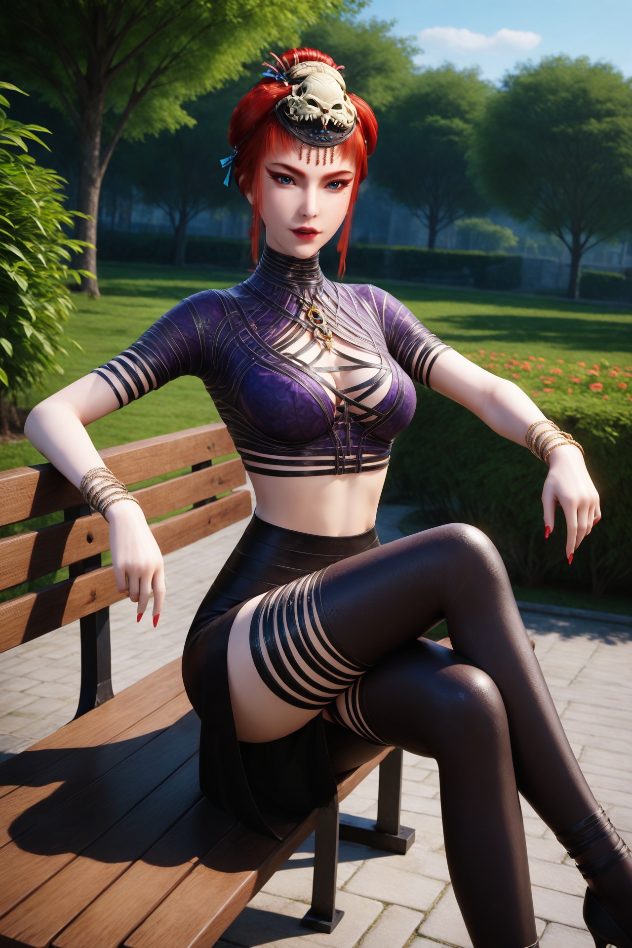 jiangchen,<lora:jiangchenXL:0.7>,score_9,score_8_up,score_7_up,32K UHD,8k,4k,best quality,(extremely detailed cg 8k wallpaper:1.2),ultra-detailed,masterpiece,(sharp focus:1.2),unconventional supreme masterpiece,masterful details,temperate atmosphere,with a high-end texture,pale skin,luxurious sharp focus,intense,dynamic cinematic color,located artistic,Fashion and art,elegant and sophisticated,innovative use of light and shadow,decorative,allegorical,symbolic,with a high-end texture,day,sitting,outdoors,in the garden,bench,1girl,looking at viewer,solo,thighhighs,medium breasts,translucent,high heels,crossed legs,striped clothes,crop top,midriff,parted lips,eyelashes,eyeshadow,mole under eye,