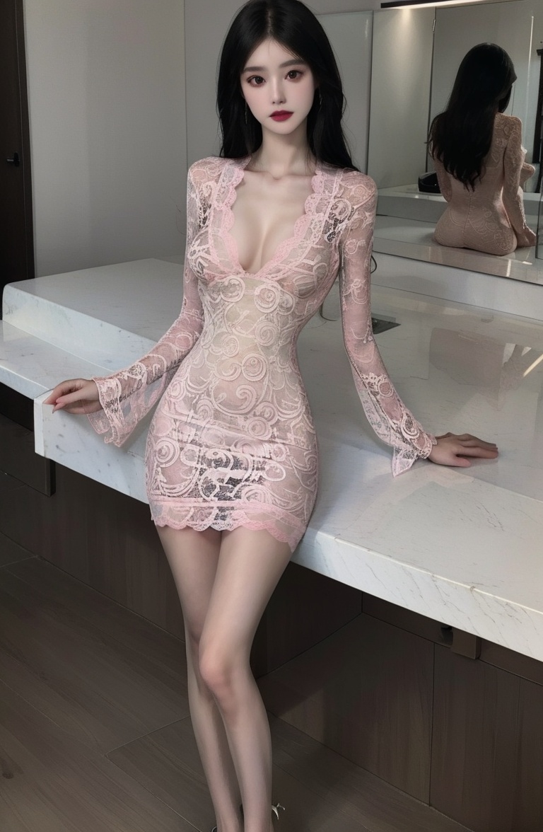 (masterpiece, best quality:1.4),finely detailed,1girl,solo,pale skin,perfect body,(standing),(cowboy_shot:1.2),<lora:killer粉色蕾丝透视显胸连体衣v1.0-000008:0.8>,lace dress,pinkdress,dress,(small_breasts:1.2),