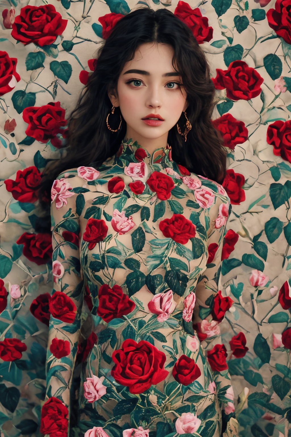 1girl,lbc_rose dress,solo,long hair,breasts,looking at viewer,blue eyes,long sleeves,cowboy shot,earrings,parted lips,incredibly absurdres,album cover,available light,<lora:0223 flower_v1:0.9>,