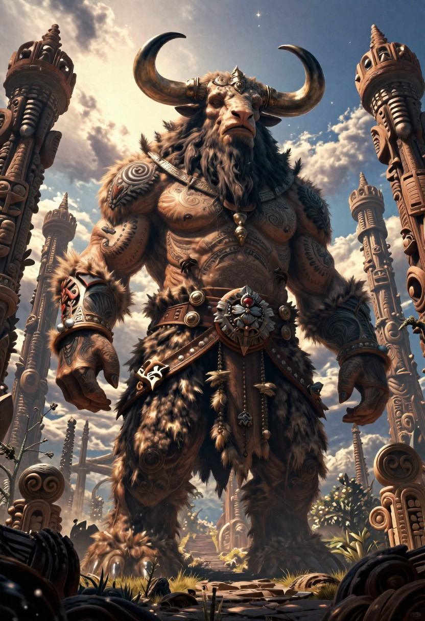 towering tauren,  spiritual tattoos,  wearing a hide pants on Tensor.Art