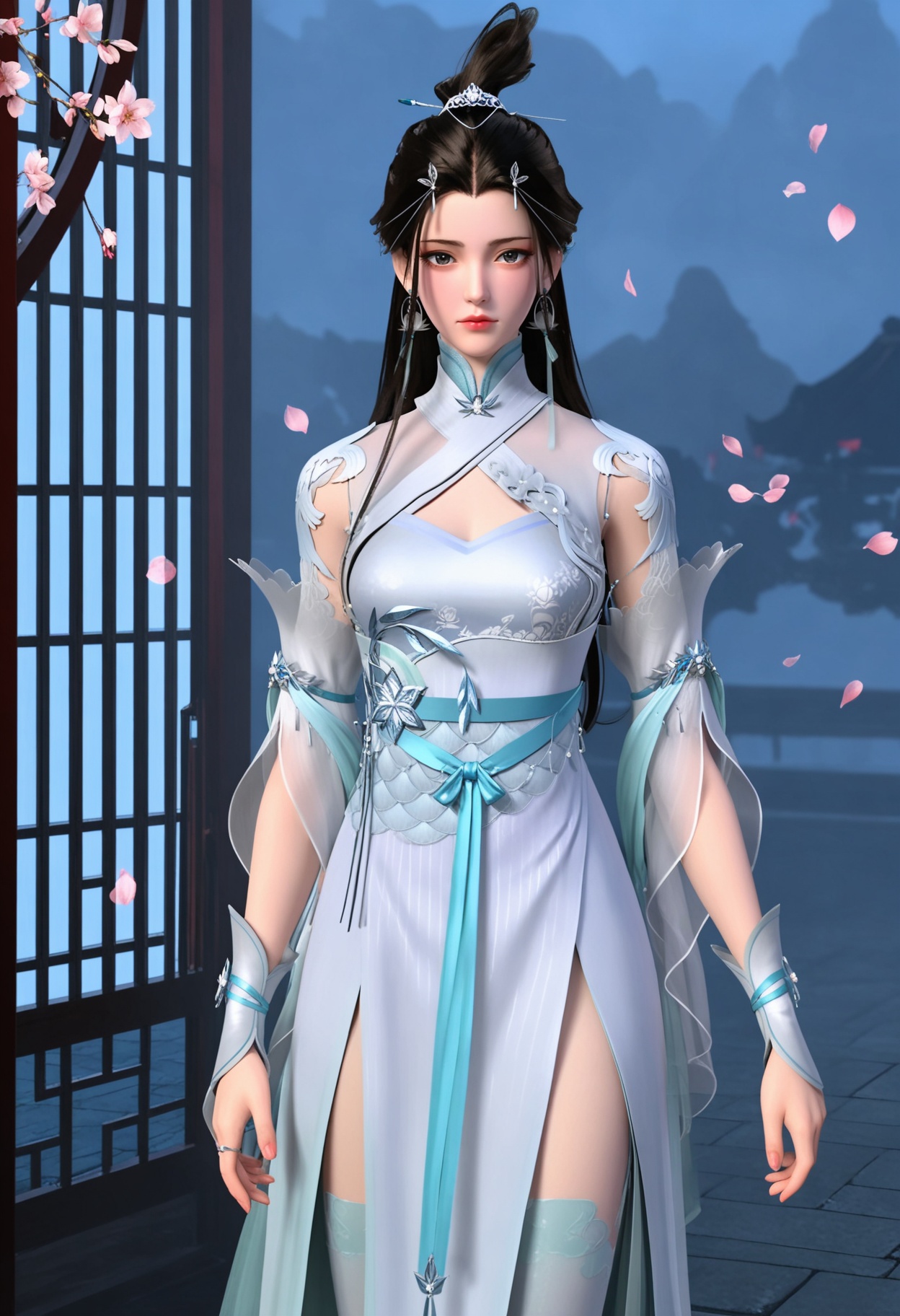 (standing full_body:1.1),(looking at viewer:1.1),masterpiece,(best quality),smog,Dark room,dim lighting,peach blossom,falling petals,<lora:YQ_Illustrious光辉v5_萧轻雪_V1:0.8>,q1528437228,solo,1girl,long hair,dress,black hair,jewelry,white dress,earrings,hair ornament,chinese clothes,hair bun,forehead mark,sash,brown hair,thighhighs,single hair bun,china dress,white thighhighs,long sleeves,detached sleeves,side slit,gloves,hair rings,