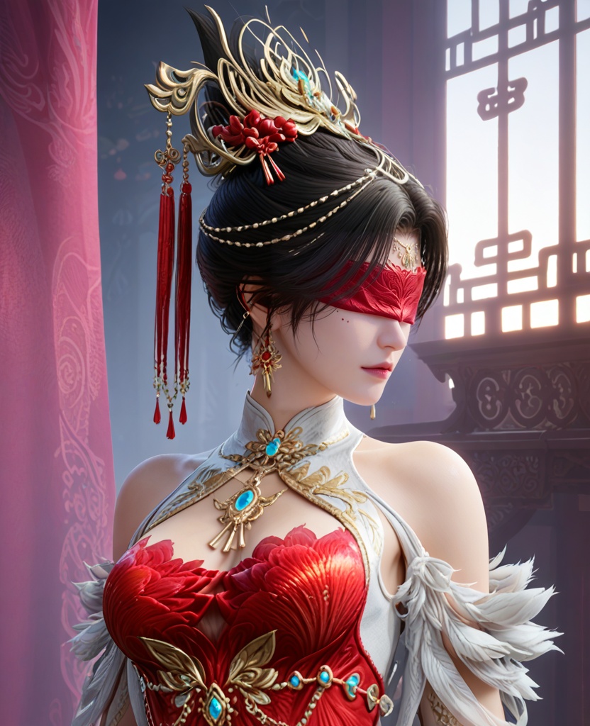(oriental architecture, elegant decor, sophisticated style:1.1),(leaning against the wall:1.1),Interest,(breasts:1.2),<lora:XL16永劫无间宁红叶赤皓新囍白:0.95>,miss ninghongye,white dress with red corset,blindfold,black hair,traditional chinese updo,hair ornament,earrings,jewelry,bare shoulders,, score_9,score_8_up,score_7_up,score_6_up,score_5_up,score_4_up,3d rendering,tag1,tag2, Cinematic Lighting,backlighting,
