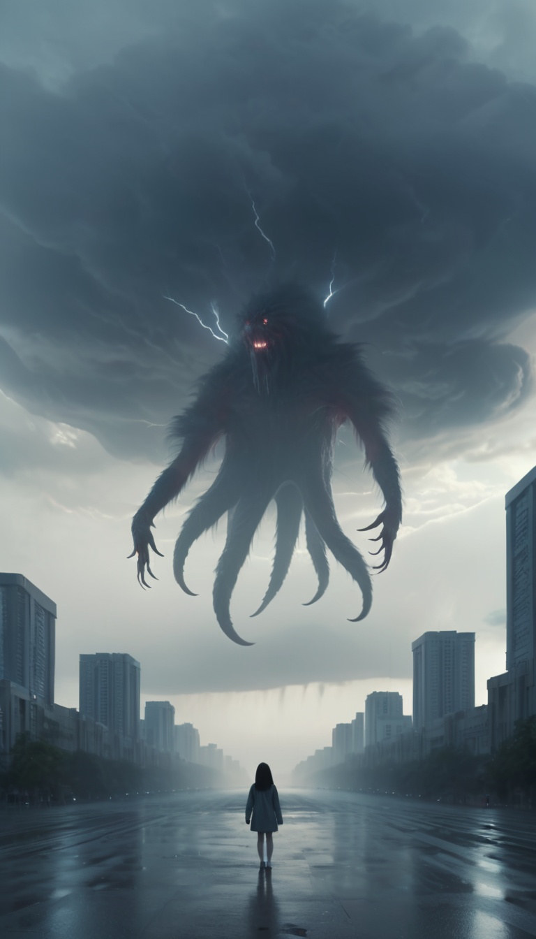<lora:xl-shanbailing-1215白棱monster-000002:0.9>,bailing_monster,a huge monster passes through the clouds,outdoors,(1girl:0.4),city,mitsu_masaya,cloudy,megalophobia,centered composition,ultimate light and shadow,UHD,8k resolution,cinematic lighting,extremely low angle shooting,