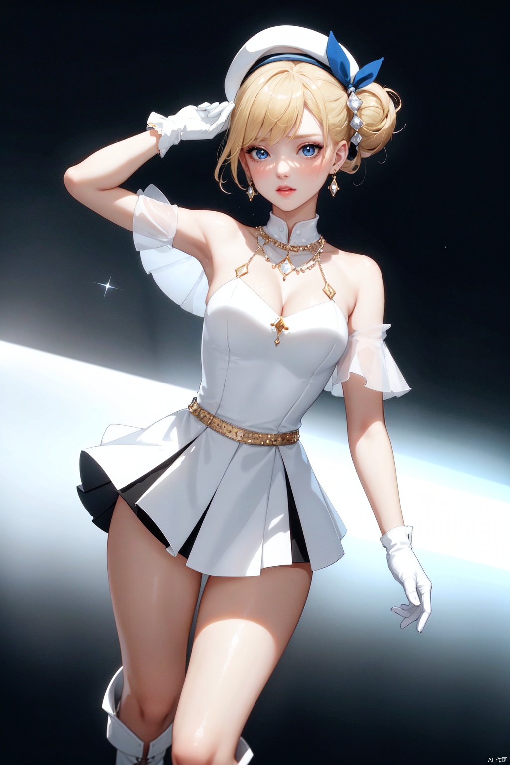 Realistic style, cinematic work, 8K wallpaper, masterpiece, very realistic quality, best quality, masterpiece, high-level, high-resolution,,,Edge lighting, dual tone lighting, soft lighting, The illuminated surface of the material has bright spots and highlights, which flicker and have a mirror effect when reflected, There are sparkling spots on the armor,,,1 girl, mature female, solo, full body, looking at viewer, lace, strong rim light, Standard proportion of female body, golden proportion of female body,,,Standing, standing posture, Sexy full body standing posture,,,,(yonggan, 1girl, blonde hair, blue eyes, short hair, hair bun, hair ribbon, hat, gloves, white gloves, boots, skirt, ribbon, epaulettes, blush, cape, pleated skirt, knee boots, cross-laced footwear, breasts, white skirt, blue headwear,:1.2),,bare shoulders, off shoulder, black hairband, bikini bottom only, short dress, swimsuit, pleated dress, bikini, floating hair, blush, ass visible through thighs, skirt,White high-heeled shoes,:1.2),,,colorful,(detailed skin: 1.3), (detailed face: 1.3),clear focus,delicate,(mature women: 1.2),(glossy skin+glossy skin: 1.4),(sweating: 1.1),(big_eyes),red_ eyeshadow,long_ Eyelashes, red lips,,,simple background, grey background,,,(Diamond hair accessories, diamond necklaces, diamond earrings, diamond earrings, clothes embedded with diamonds, armor embedded with diamonds,:1.3),,yonggan<lora:EMS-326014-EMS:0.230000>