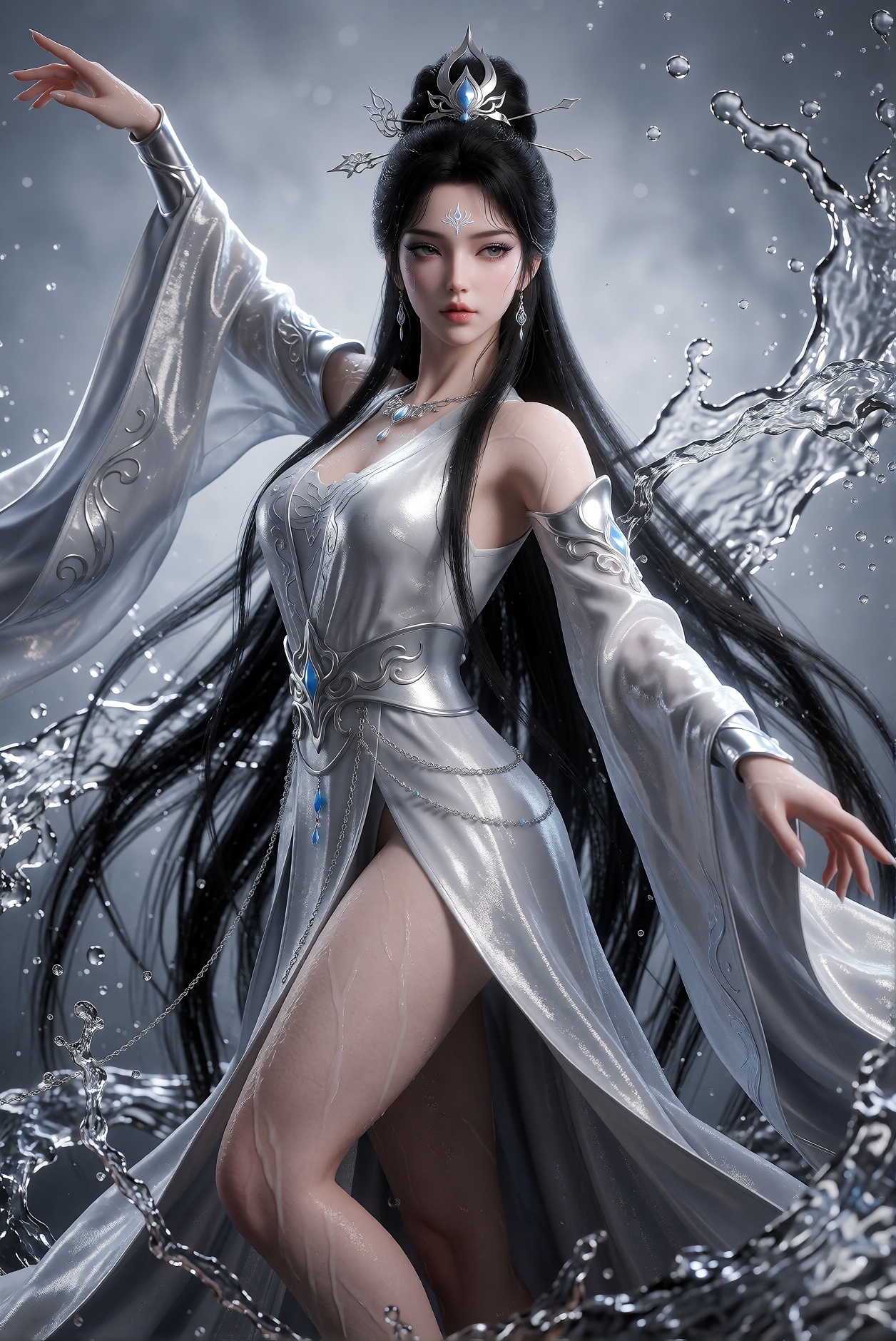 国漫美女,  穿着银色汉服群,  整体气质神圣、清冷、神秘 by 天海TianHai on Tensor.Art