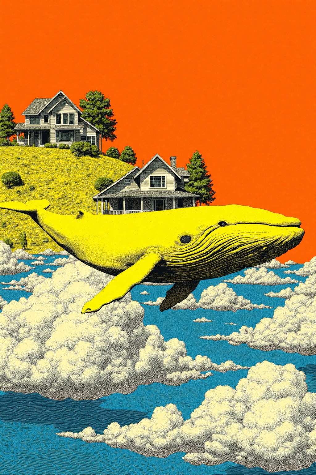 beijihui,An eye-level painting of a large gray whale with a yellow tail and a black tail. The whale is floating on a body of water that is surrounded by white fluffy clouds. Behind the whale is a house with a tree on the right side of the house. The house is on top of a hill that is on the left side. The sky is a vibrant orange color.,