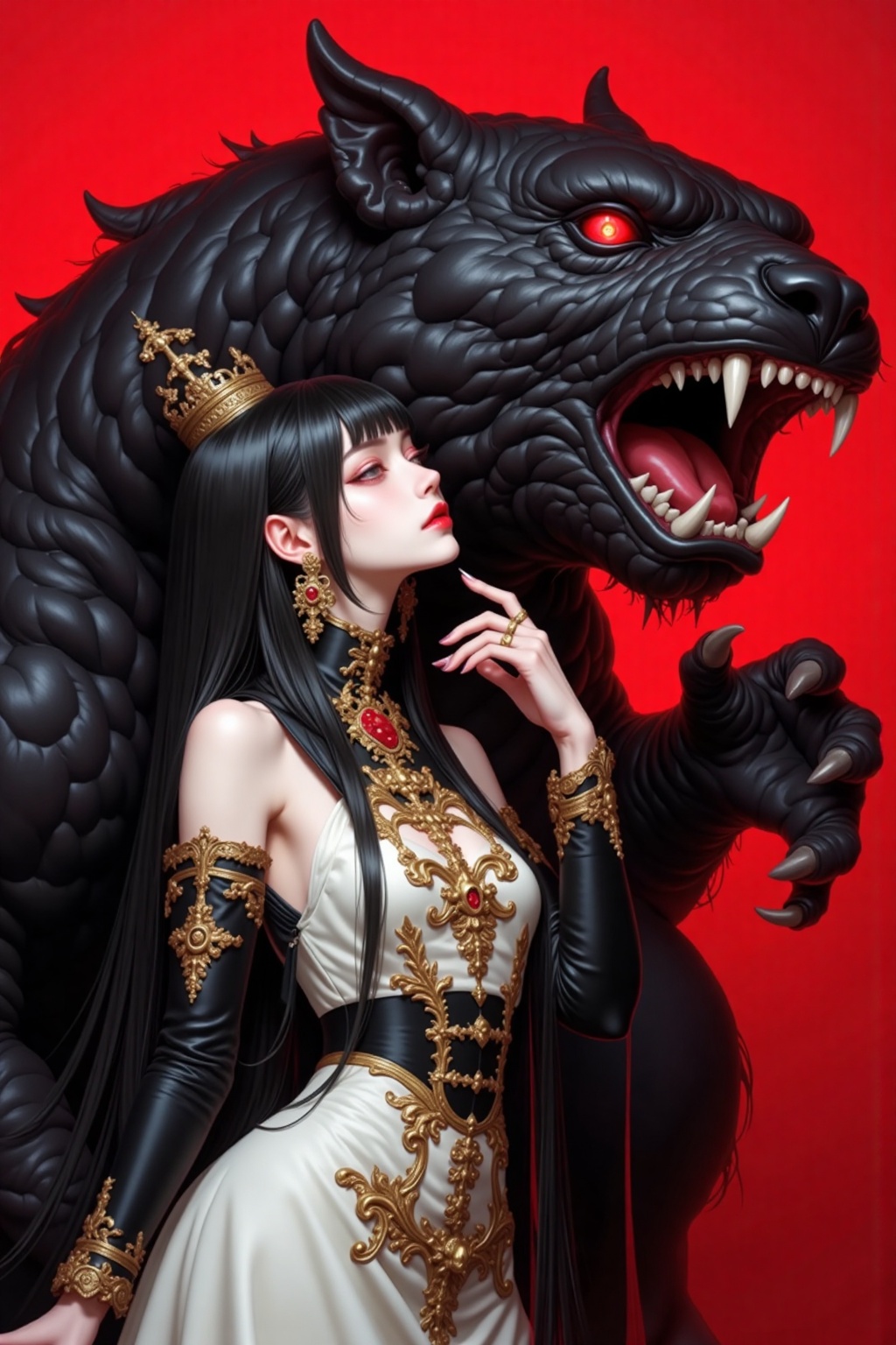 chahua,chaoxianshi,Aesthetics art,This is a digital painting in a surreal,hyper-realistic style. It features a pale-skinned woman with long,black hair and bangs,adorned in a white and black gothic-inspired dress with gold embroidery. She gazes upward with a serene expression. Beside her,a menacing black beast with sharp teeth and a muscular physique looms,its eyes glowing red. The background is a vivid red,enhancing the dramatic contrast. The woman's dress has a high collar and intricate detailing,while the beast's texture appears glossy and menacing. The overall scene exudes a dark,fantasy aesthetic.,
