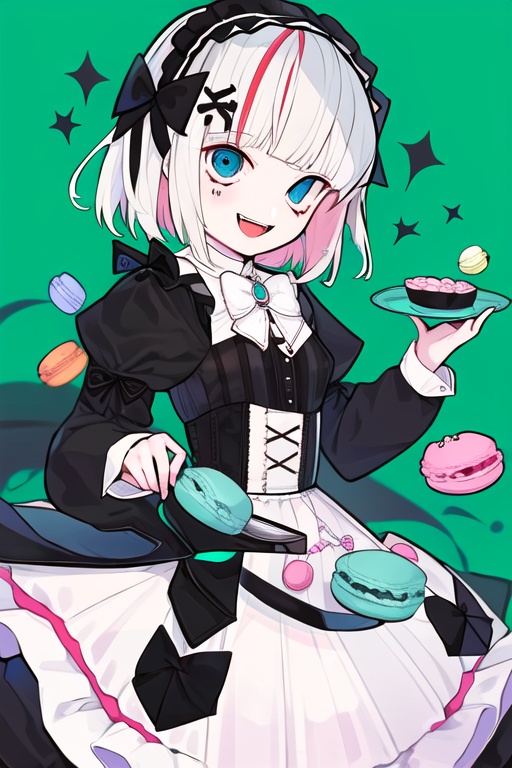 CH, high contrast, 1girl, solo, looking at viewer, smile, short hair, open mouth, bangs, hair ornament, long sleeves, dress, bow, holding, jewelry, multicolored hair, hairband, food, black dress, lolita fashion, gothic lolita, lolita hairband, macaron