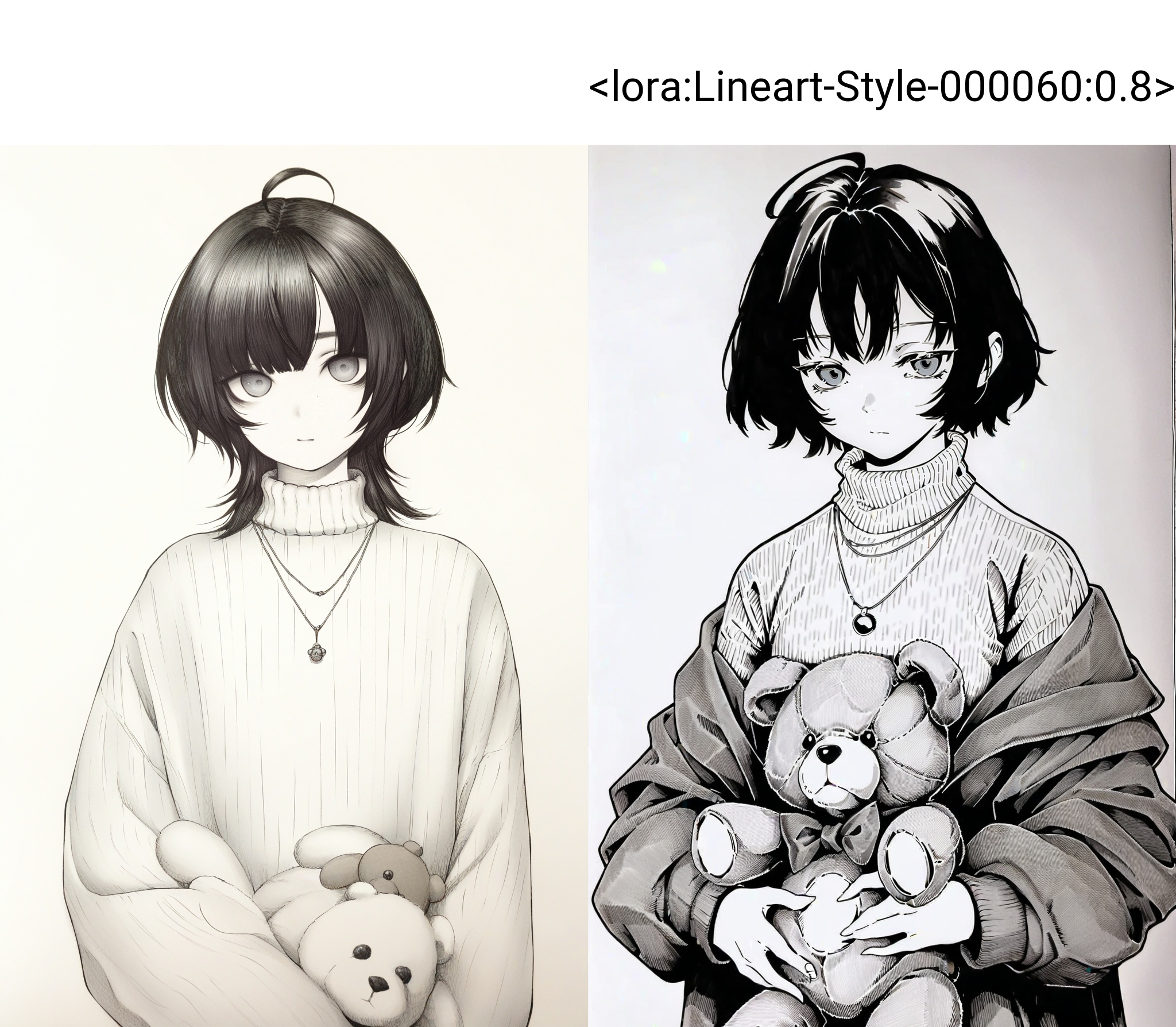 highres,absurdres,Visual impact,masterpiece,best quality,very aesthetic,amazing quality,newest,lineart,traditional media,greyscale,\\//,solo, sweater, white sweater, white background, necklace, turtleneck, jewelry, simple background, 1girl, teddy bear, ribbed sweater, turtleneck sweater, stuffed animal, upper body, grey eyes, stuffed toy, ahoge, black hair, closed mouth, androgynous