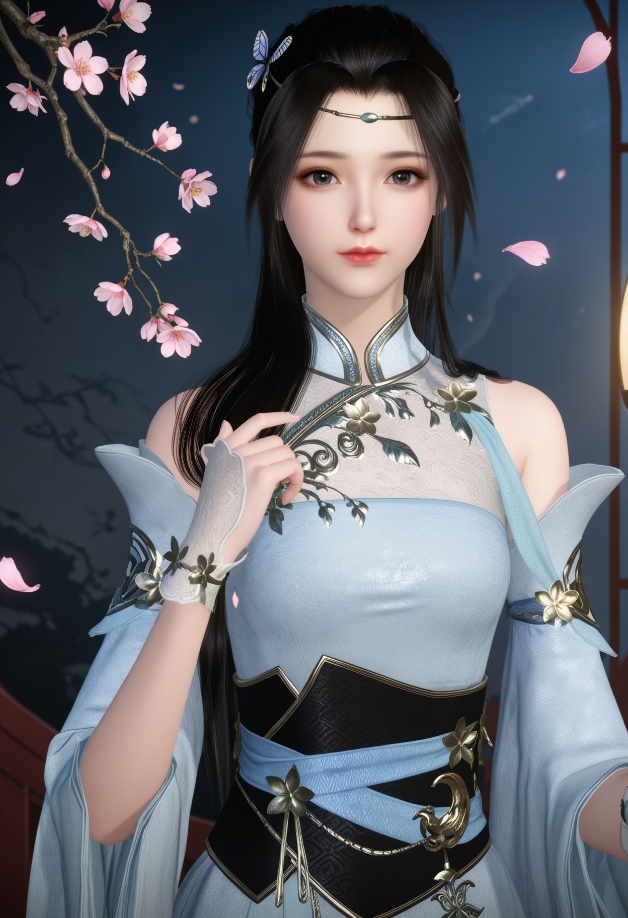 (upper_body:1.2),(looking at viewer:1.1),masterpiece,(best quality),smog,Dark room,dim lighting,peach blossom,falling petals,<lora:YQ_Illustrious光辉v5_叶雪青_V1:0.8>,q1528437228,1girl,solo,long hair,black hair,dress,hair ornament,white dress,chinese clothes,detached sleeves,sash,butterfly hair ornament,jewelry,brown hair,bracelet,circlet,black eyes,wide sleeves,long sleeves,obi,white footwear,