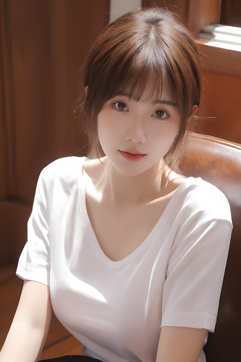 1girl,realistic,solo,breasts,brown hair,looking at viewer,large breasts,short sleeves,shirt,<lora:sifang_20231118123505:0.7>, 