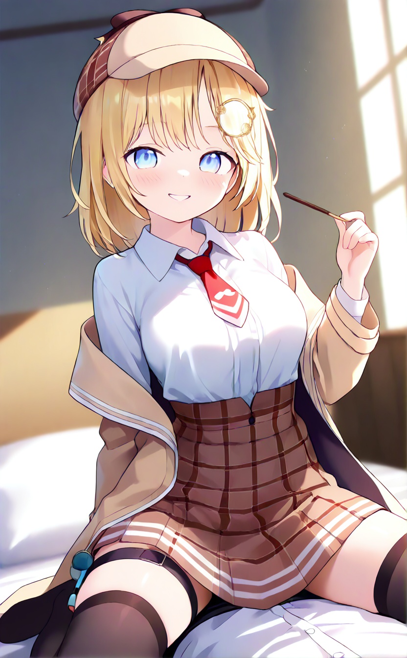 masterpiece,very aware,highres,absurdres,newest,best quality,loli,petite,high quality,chromatic_aberration,cinematic_angle,dutch angle,blurry_foreground,A light gradient background with white on top and brown at the bottom,student,"Girl",//,1girl,watson amelia,blonde hair,virtual youtuber,solo,food,pocky,blue eyes,hat,monocle hair ornament,thighhighs,hair ornament,skirt,red necktie,holding,necktie,looking at viewer,bob cut,shirt,white shirt,plaid skirt,plaid,deerstalker,holding food,black thighhighs,high-waist skirt,bangs,medium hair,thigh strap,brown headwear,coat,indoors,pleated skirt,long sleeves,breasts,collared shirt,brown skirt,smile,short necktie,blush,short hair,brown coat,zettai ryouiki,//,//,official art,blurry background,depth of field,detailed light,best shadow,shiny skin,cinematic lighting,ray tracing,amazing quality,very aesthetic,absurdres,beast quality,ultra detailed,newest,8K,HDR,full_shot,//,<lora:lora:1>,