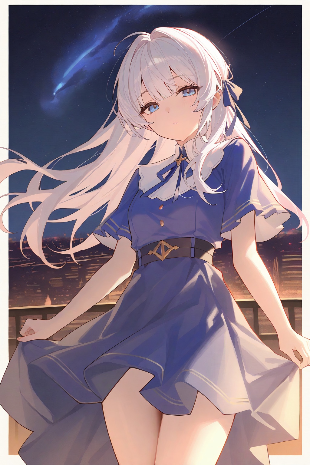 anon,crisp,ezu,Tender,gwwj,1girl, solo, long hair, dress, blue eyes, looking at viewer, sky, white hair, blue dress, night, outdoors, short sleeves, skirt hold, thighs, ribbon, bow, night sky