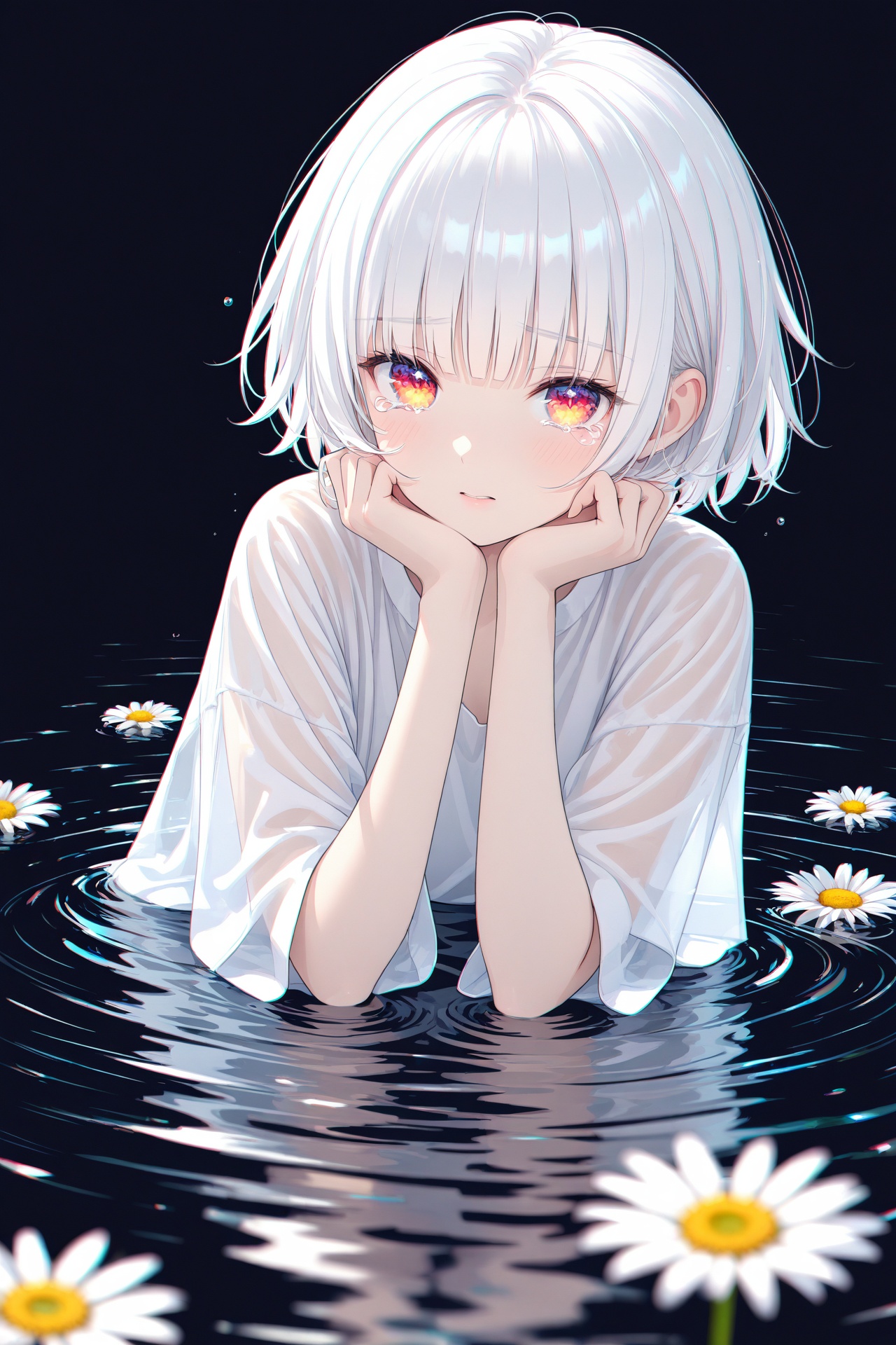 (masterpiece),(best quality),illustration,ultra detailed,hdr,Depth of field,(colorful),(chromatic aberration),(beautiful young female:1.4),(streaming tears),sad,(daisy),(daisy),(daisy),looking at viewer,partially submerged,both hands on own cheek,{see-through long shirt},{no bra},(white hair, short hair, bangs:1.2),(glowing eyes),ripples,dark water,black background,(prismatic),