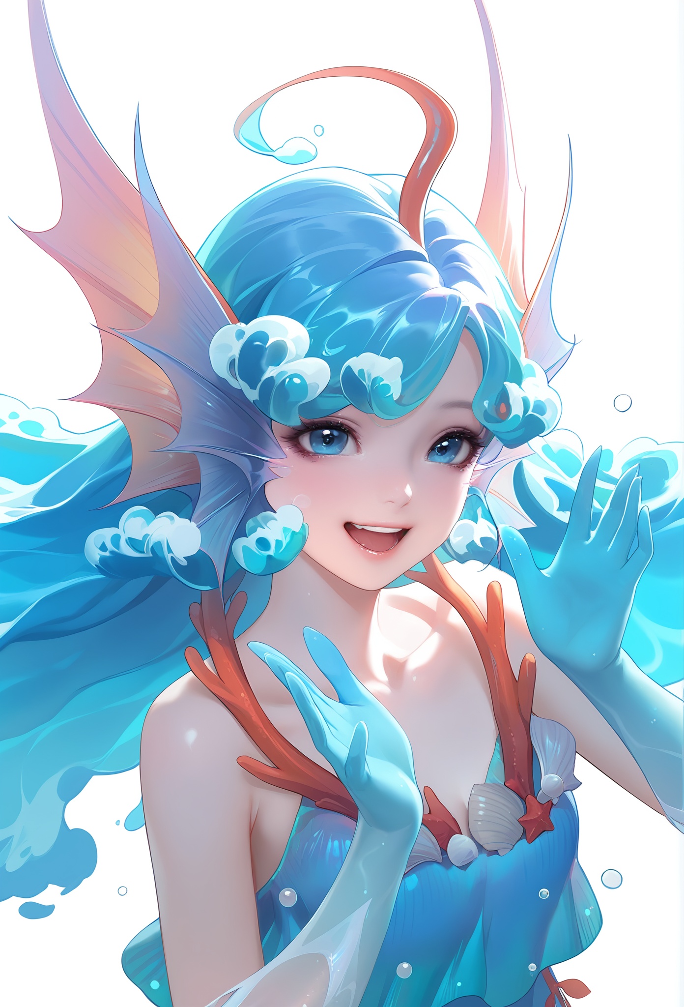 Kuze\(dly\)\(wzry\),white background,simple background,masterpiece,best quality,amazing quality,happy,(realistic:1.2),1girl,solo,upper body,front view,look at viewer,mermaid,blue hair,blue eyes,blue dress,pearl on dress,starfish on dress,seaweed on dress,shell on dress,gradient elbow gloves with fin,fin ears,