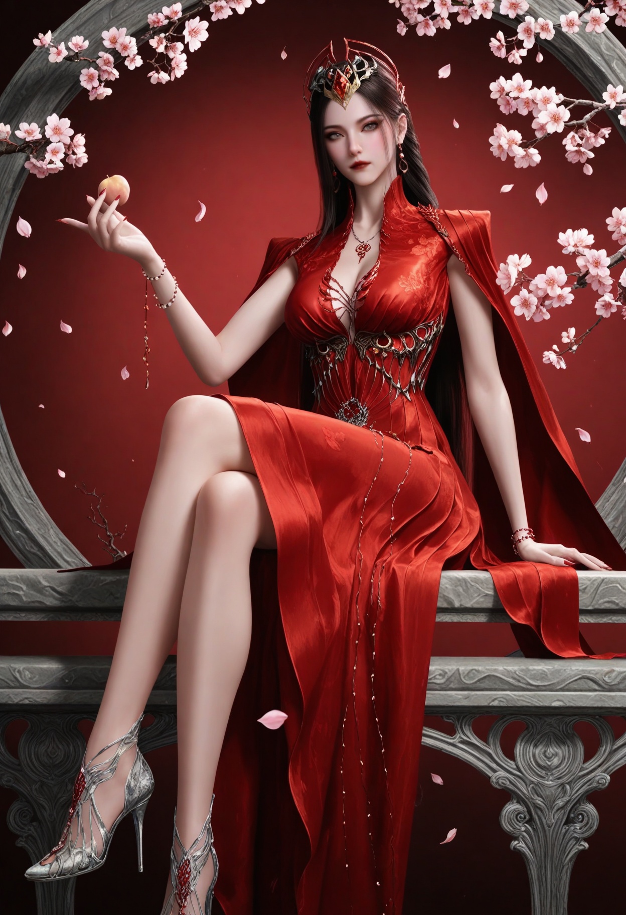 (looking at viewer:1.1),(moody lighting:1.1),peach blossom,falling petals,(large breasts:0.8),yexishui,1girl,solo,long hair,jewelry,red dress,dress,brown hair,closed mouth,realistic,hair ornament,earrings,cape,grey eyes,necklace,bracelet,red lips,sitting,(crossed legs:1.3),high heels BREAK masterpiece,(best quality),(intricate details:0.9),(realistic skin:1.2),<lora:QQSillyexishuiV1:0.8>,