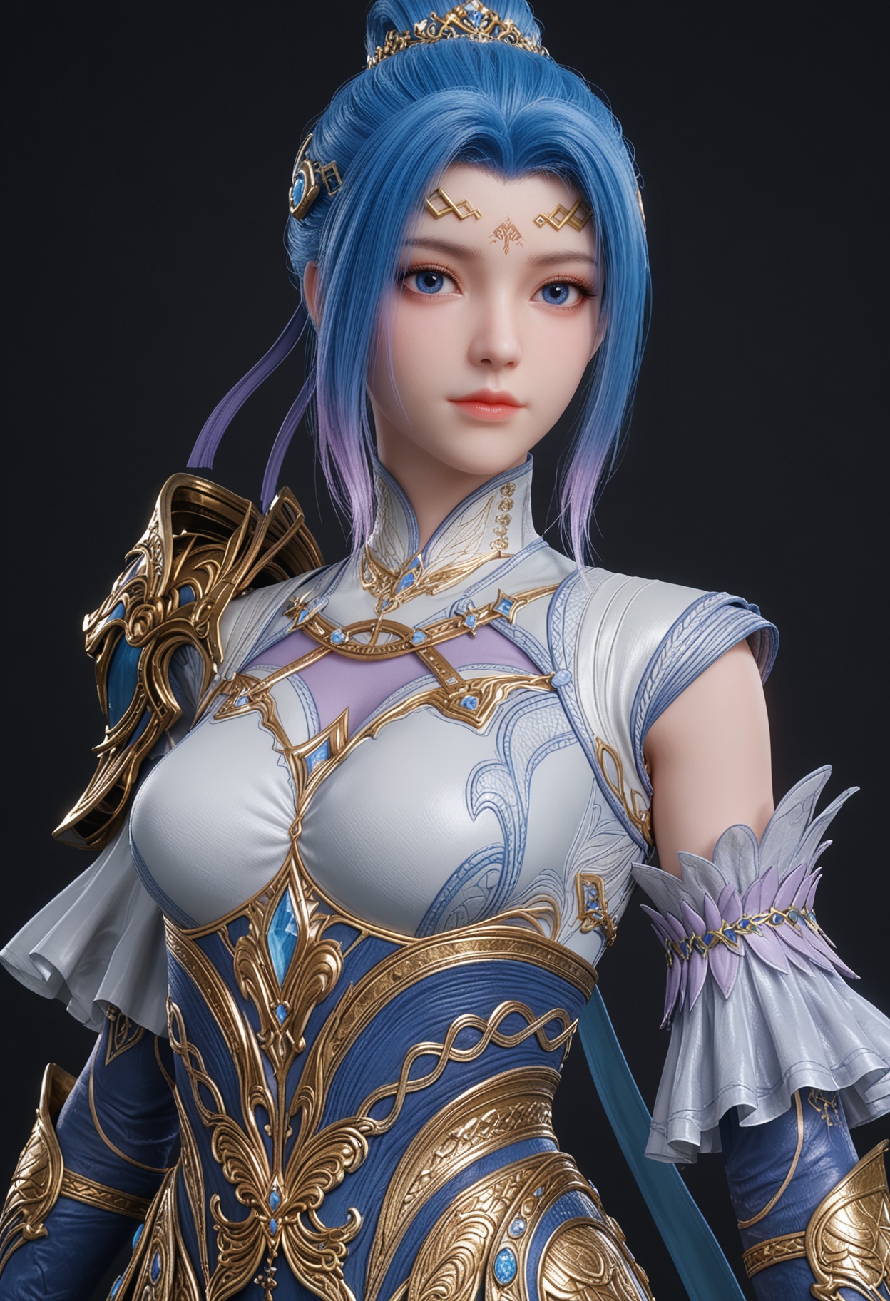 (upper_body:1.2),score_9,score_8_up,masterpiece,(best quality),intricate details,facing viewer,(looking at viewer:1.1),<lora:YQ_pony_tangwutong_fuzhuang4_V4:0.8>,q1528437228,1girl,solo,blue hair,dress,blue eyes,hair bun,hair ornament,armor,gloves,single hair bun,forehead mark,white dress,fingerless gloves,boots,thighhighs,shoulder armor,high heels,short hair,long hair,blue dress,high heel boots,black gloves,detached sleeves,knee boots,multicolored hair,pauldrons,jewelry,skirt,white thighhighs,BREAKscore_9,score_8_up,masterpiece,(best quality),perfect anatomy,(hourglass),perfect face,(simple background,pure black background,black background:1.1),fair_skin,shiny_skin,Ivory_skin,