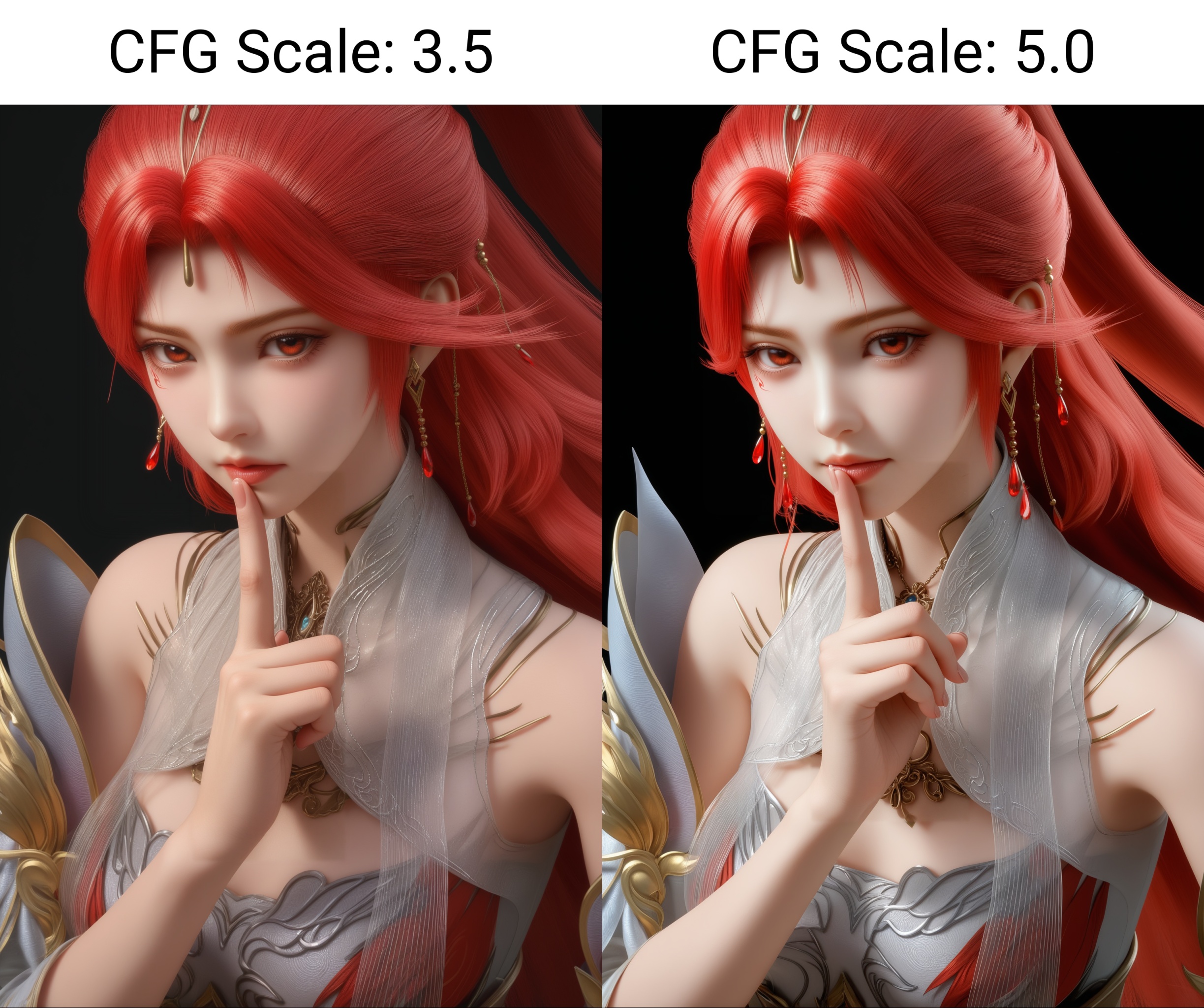 masterpiece,best quality,absurdres,highres,1girl,solo,<lora:火允儿-ill:0.83>,huoyuner,red hair,long hair,high ponytail,makeup,upper body,BREAKcollarbone,sheer overlay,bare shoulders,sheer collar,high collar,jewelry,hair ornament,dangling earrings,red gemstone,forehead decoration,detached sleeves,fantasy dress,looking at viewer,front view,(shushing:1.1),BREAK(white_skin:1.1),(fair_skin:1.1),realistic,simple background,black background,