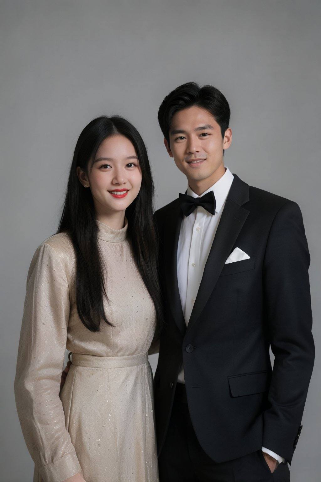 This is a highly detailed,  realistic photograph of a young Asian couple standing side by side against a plain gray backgr...