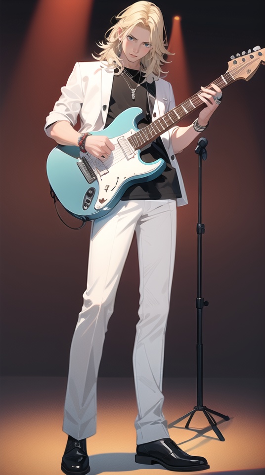 (best quality), ((masterpiece)), (highres), illustration, original, extremely detailed,jjj, 1boy, solo, male focus, white background, blonde hair, jewelry, full body, simple background, black shirt, guitar, blue eyes, holding, instrument, pants, shirt, necklace, shoes, white jacket, standing, jacket, black footwear, bracelet, ring, white pants, long hair, holding instrument, music, playing instrument, medium hair