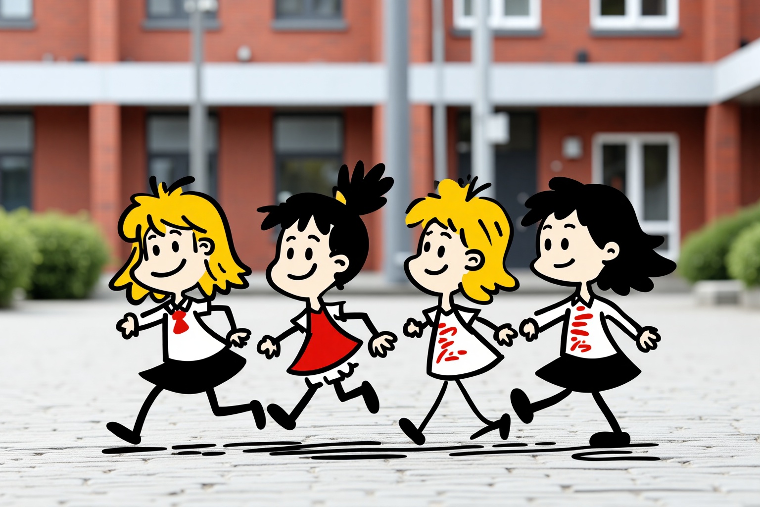 beijihui,A group of cartoon girls are running on the street. The background displays real photos of the school,