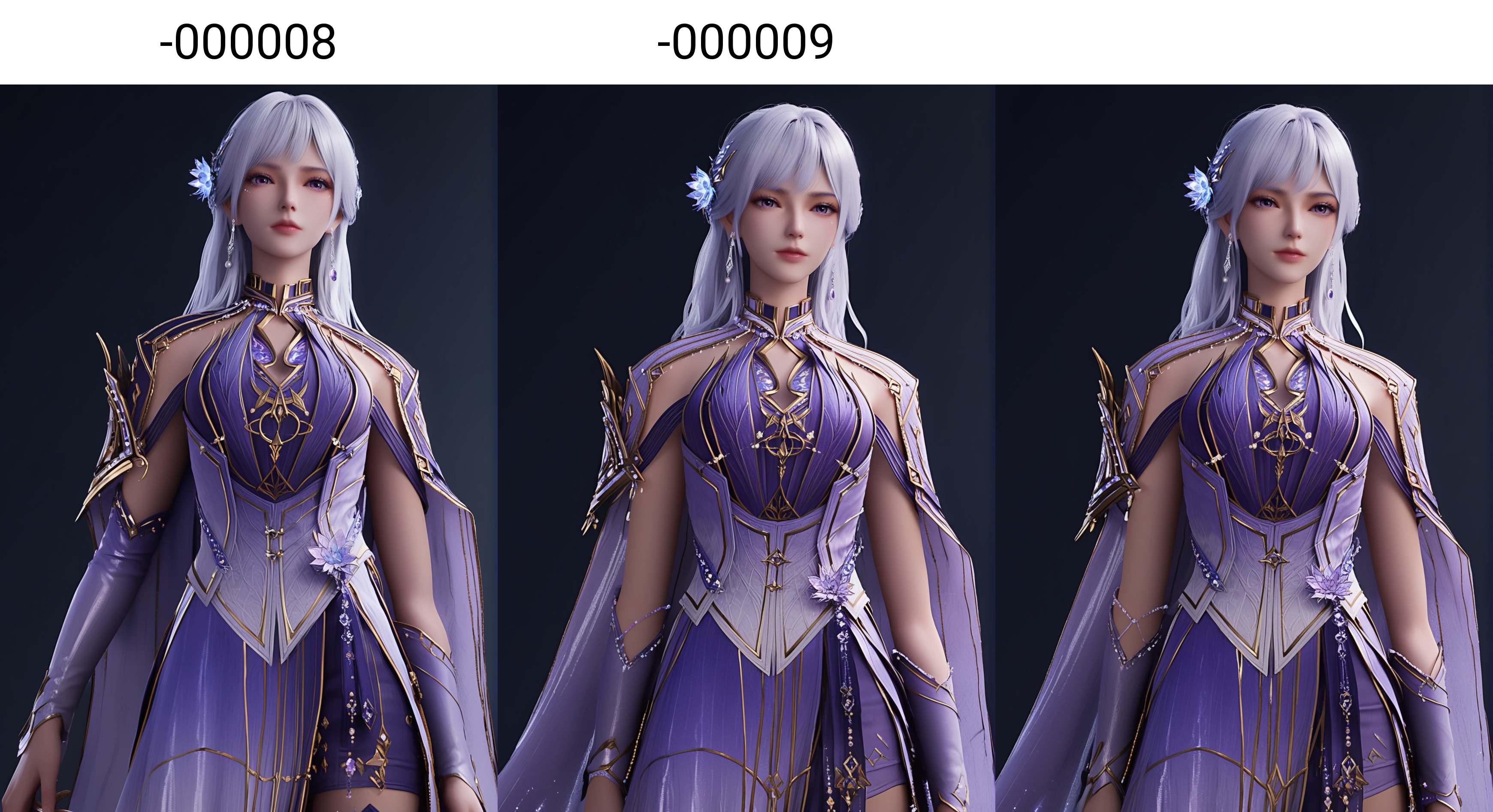 (score_9),cowboy shot,<lora:圣彩儿-apony-000008:0.83>,caier,solo,1girl,long hair,jewelry,hair ornament,earrings,hair flower,white hair,lips,chinese clothes,shoulder armor,belt,forearm sleeve,long dress,thighhighs, <lora:Expressive_H-000001:0.8>,(soft purple eyes),purple eyes,light blush,looking at viewer,front view,(mature_female),collarbone,(glamor:1.2),curvy,pointy breasts,puffy breasts,<lora:e肤色滑块:0.35>,((white_skin)),<lora:RealisticSkinv1_ponyv6_loraplus:0.25>,real skin,realistic,simple background,black background,ultra-detailed skin texture,detailed textures,4K ultra HD,high detail,