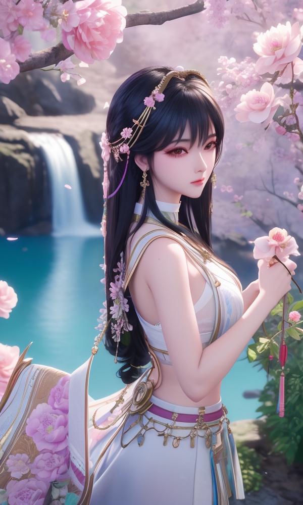 (,1girl, ,best quality, ),looking at viewer, <lora:376-DA-神印王座-龙皓晨-女装-横版:0.8> ,,ultra detailed background,ultra detailed background,ultra realistic 8k cg, , ,masterpiece, (( , )),,, ultra realistic 8k cg, ,tamari \(flawless\),     ,peony \(flower\),   waterfall,    (()), (),