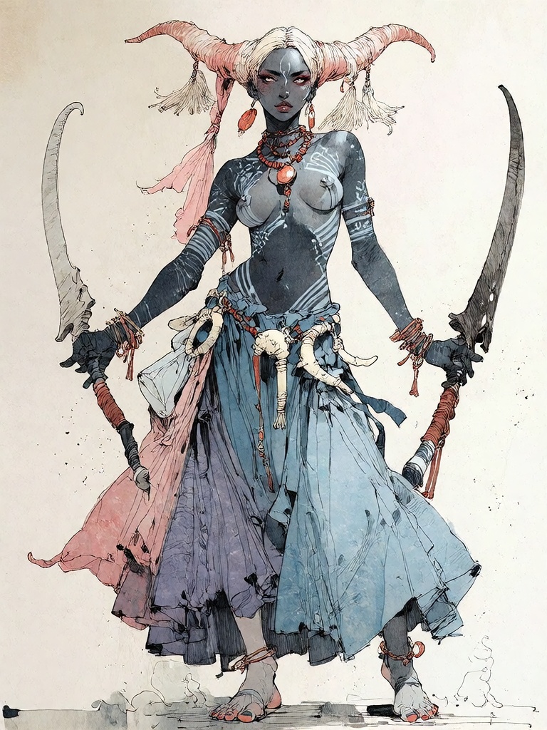 Bradhamel art style. A tall,  slender humanoid figure with dark skin and intricate white and black tribal tattoos covering...
