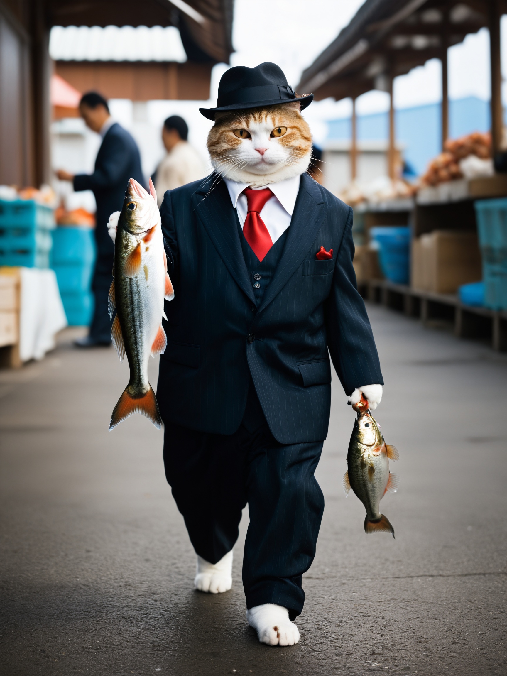 best quality,  masterpiece,  photo of a Cat dressed as a mafia boss holding a fish walking down a Japanese fish market wit...
