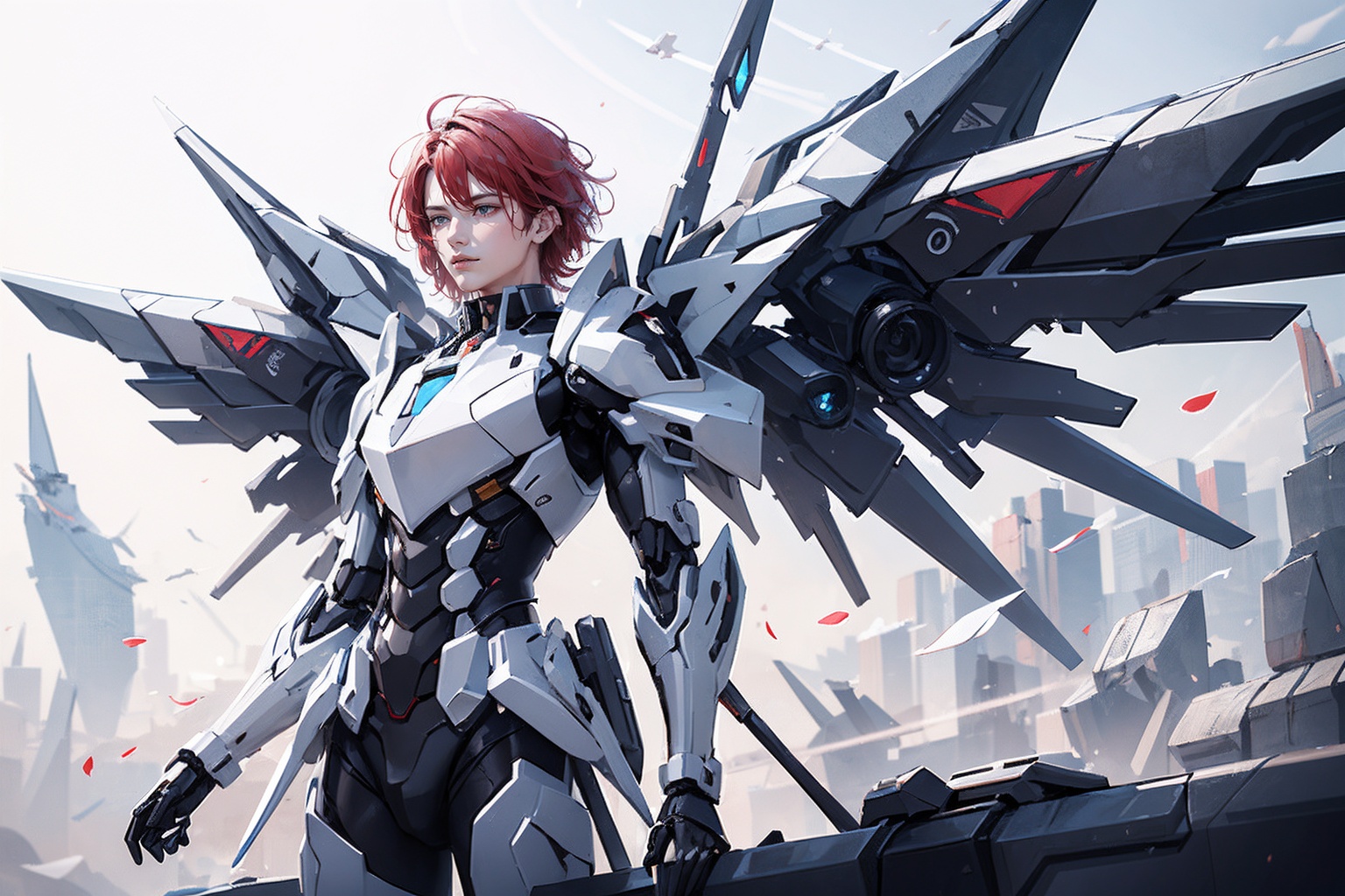 1boy,concept artwork,red hair,(a lonely solo boy:1.4),sky,wing,sitting on the ground,wings with fans,graphics card fan,strong male mecha warrior,mighty and domineering,cool mecha,32k,blue and white color scheme,white armor,<lora:atai_20240121203524-000008:0.7>,white_background,standing,cowboy_shot,