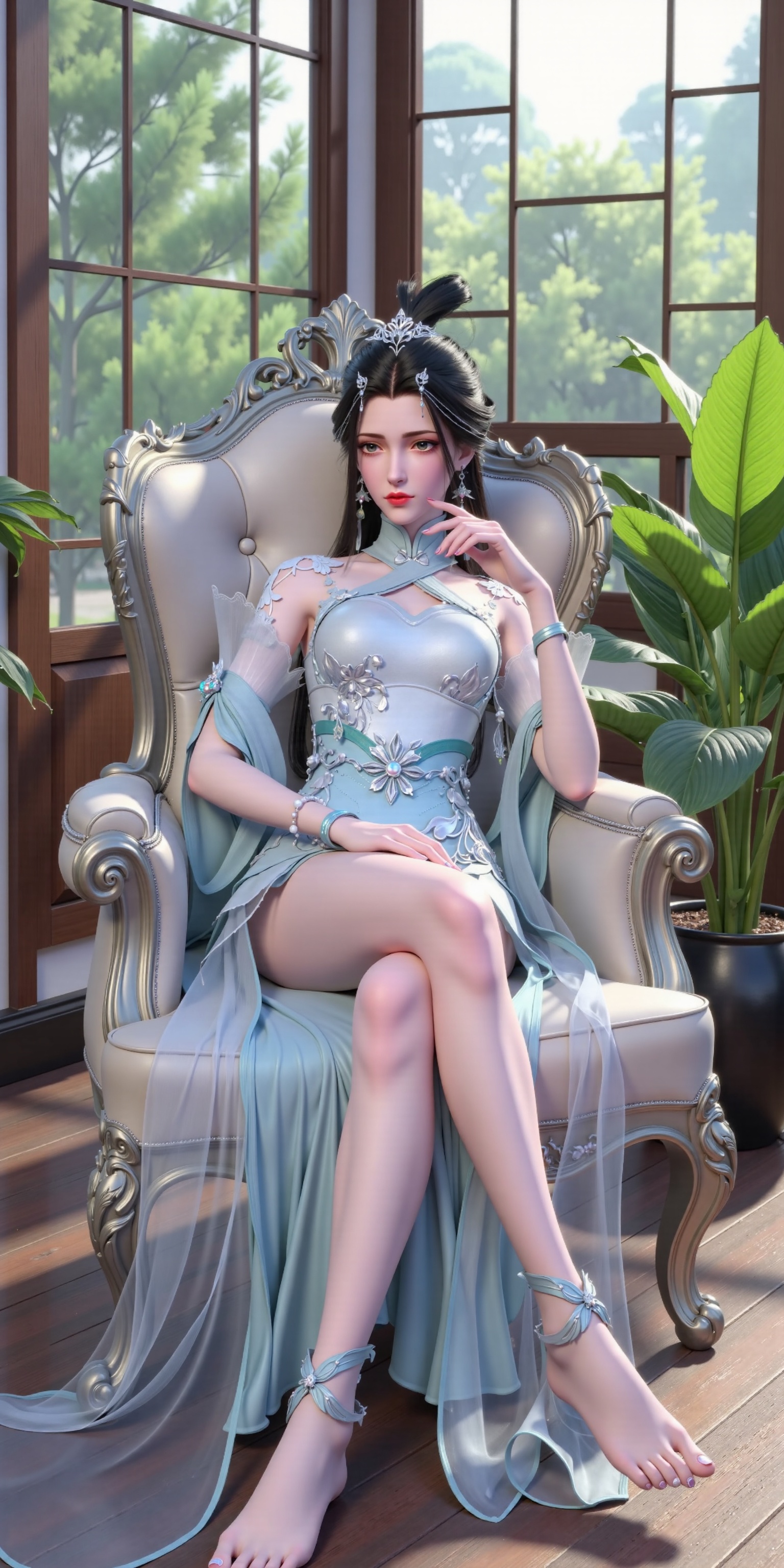 xiaoqingxue,A digital illustration of a beautiful woman sitting in an ornate,antique-style armchair with a high backrest. She has long,flowing black hair and is wearing an elaborate,blue dress,dress is adorned with intricate gold embroidery and has a sheer,flowing fabric that drapes over her shoulders and down her sides,left hand on left knee. She has a slender physique and pale skin,with delicate features and a calm expression. The background features a large window with a view of lush greenery,and a potted plant is visible in the corner of the room. The overall style is elegant and sophisticated,with a touch of fantasy,legs were parted,barefoot,licking_lips,legs apart,two feet apart,barefoot,barefoot,