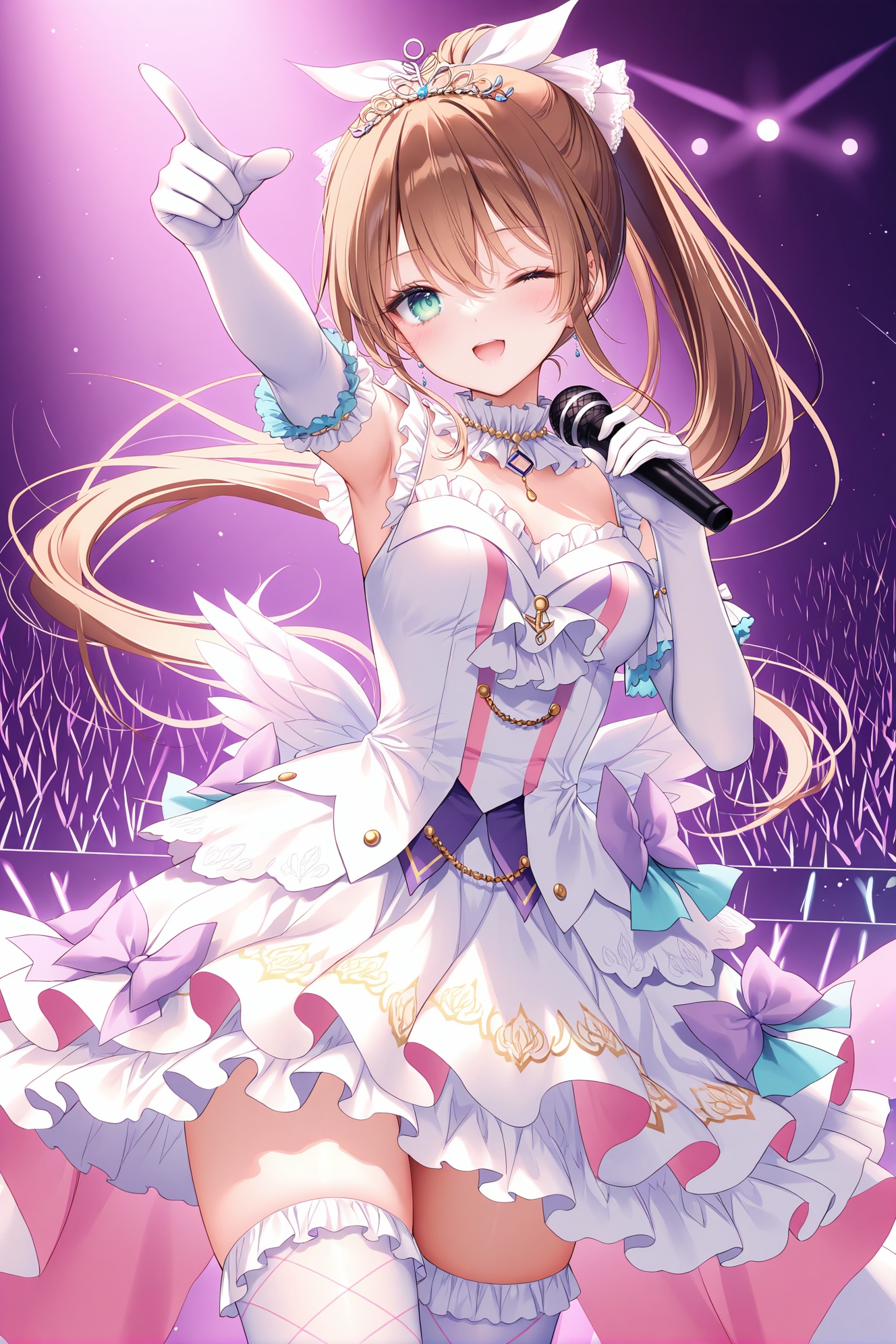 masterpiece, best quality, newest, absurdres, highres,(toosaka asagi: 0.5),(hiten \(hitenkei\):0.4),(rimuu:0.5),(mignon:0.5),(sheya:0.6),light smile,open mouth, one eye closed, ensemble style, misaki(ensemble),1girl,ponytail,hair ribbon,brown hair,green eyes,aquaidol, white thighhighs, frilled dress, two-tone dress, print thighhighs, frilled thighhighs,elbow gloves,tiara,cowboy shot,standing,outstretched hand, arm up,stage,   holding microphone, pointing at viewer, <lora:MisakiXLNAI:1>,<lora:aquaidolXLNAI:1>
