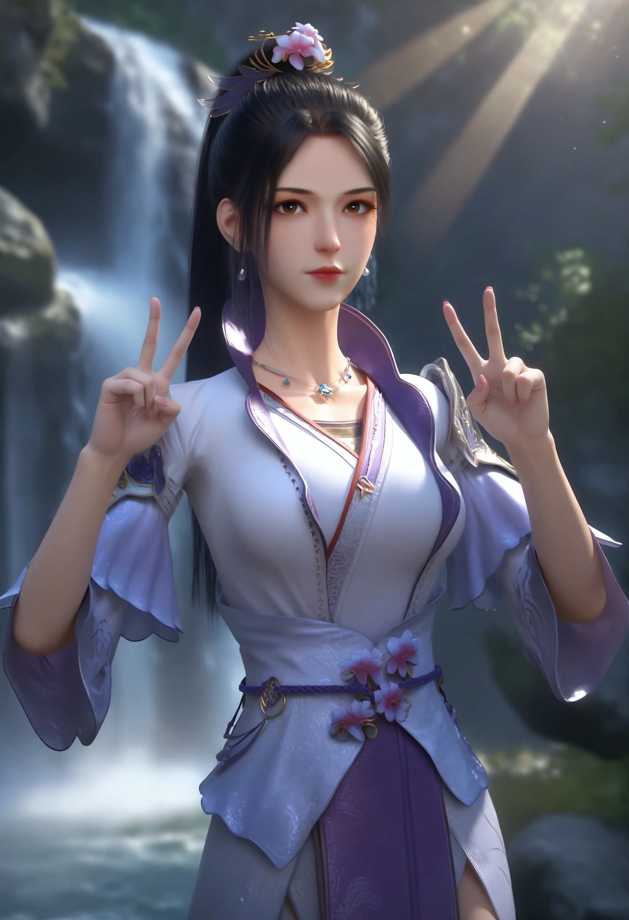 (score_9),<lora:南宫夕儿-Apony:0.83>,nangonxier,solo,1girl,black hair,hair ornament,hair flower,earrings,ponytail,long hair,high collar,jewelry,necklace,shoulder armor,chinese clothes,upper body,large breasts,glamor,puffy breasts,pointy_breasts,<lora:a修手:0.35>,front view,looking at viewer,(((double v))),OverallDetail,fair_skin,(white_skin),(Ivory_skin),outdoors,waterfall,light rays,light particles,softened light,<lora:perfect-eyes:0.8>,brown eyes,<lora:e色温:0.5>,<lora:Expressive_H:0.8>,<lora:e肤色滑块:0.5>,<lora:SkinRealityOrg_ponyv6_loraplus:0.2>,real skin,realistic,