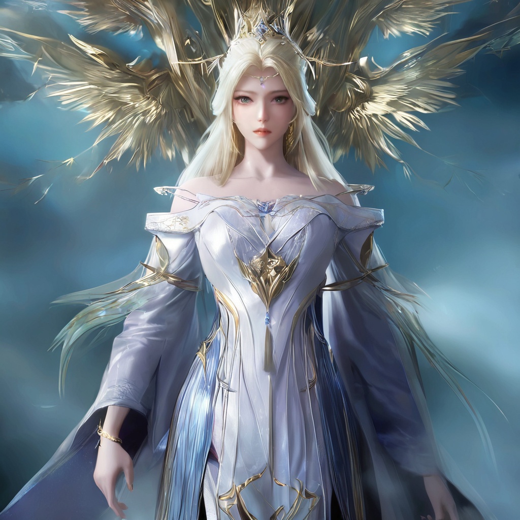 masterpiece,best quality,cinematic,(ultra-detailed),perfect composition,intricate details,absurdres,detailed face,high quality,high res,8K,1girl,solo,hair ornament,long hair,cowboy_shot,white dress,jewelry,earrings,dress,white hair,bare shoulders,looking at viewer,parted lips,realistic,teeth,blonde hair,gold long dress,barefoot,hoodie,leggings,