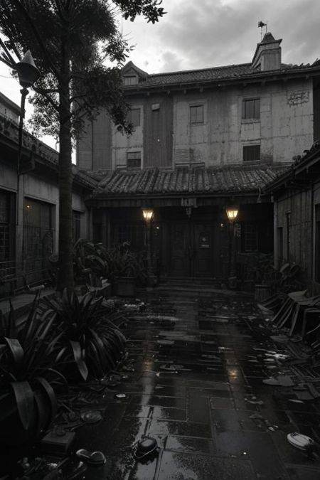(dramatic, gritty, intense:1.4), 32k uhdSunlight, high contrast, light and dark contrast, town square, xuer house, Plants,Courtyard, water, after rain