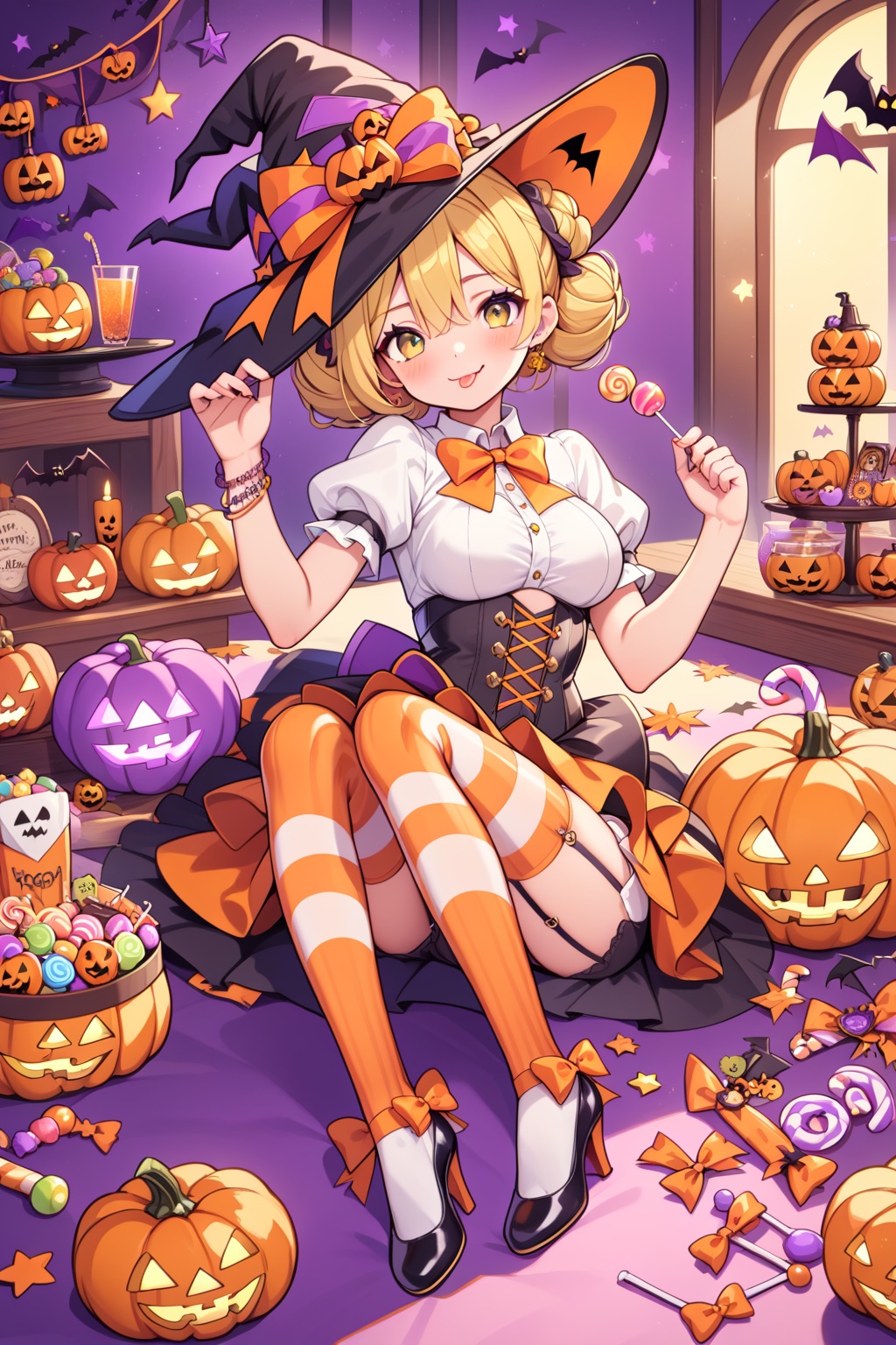 hat,witch hat,1girl,thighhighs,candy,food,blonde hair,high heels,striped,jack-o'-lantern,yellow eyes,double bun,bow,looking at viewer,bowtie,solo,stuffed toy,breasts,halloween,hair bun,stuffed animal,candy cane,striped thighhighs,teddy bear,pumpkin,shirt,puffy sleeves,star (symbol),white shirt,large breasts,lollipop,tongue,vertical stripes,tongue out,short hair,short sleeves,bangs,smile,skirt,:p,vertical-striped thighhighs,yellow bow,orange bow,lying,garter straps,puffy short sleeves,shoes,watch,bracelet,sitting,legs up,corset,hair between eyes,lips,shorts,glowing,cup,indoors,underbust,yellow bowtie,closed mouth,box,medium breasts,hair ornament,, ,<lora:糖果森林_XL_LoRA_v1.1:1.3>,, masterpiece,best quality,very aesthetic,absurdres,